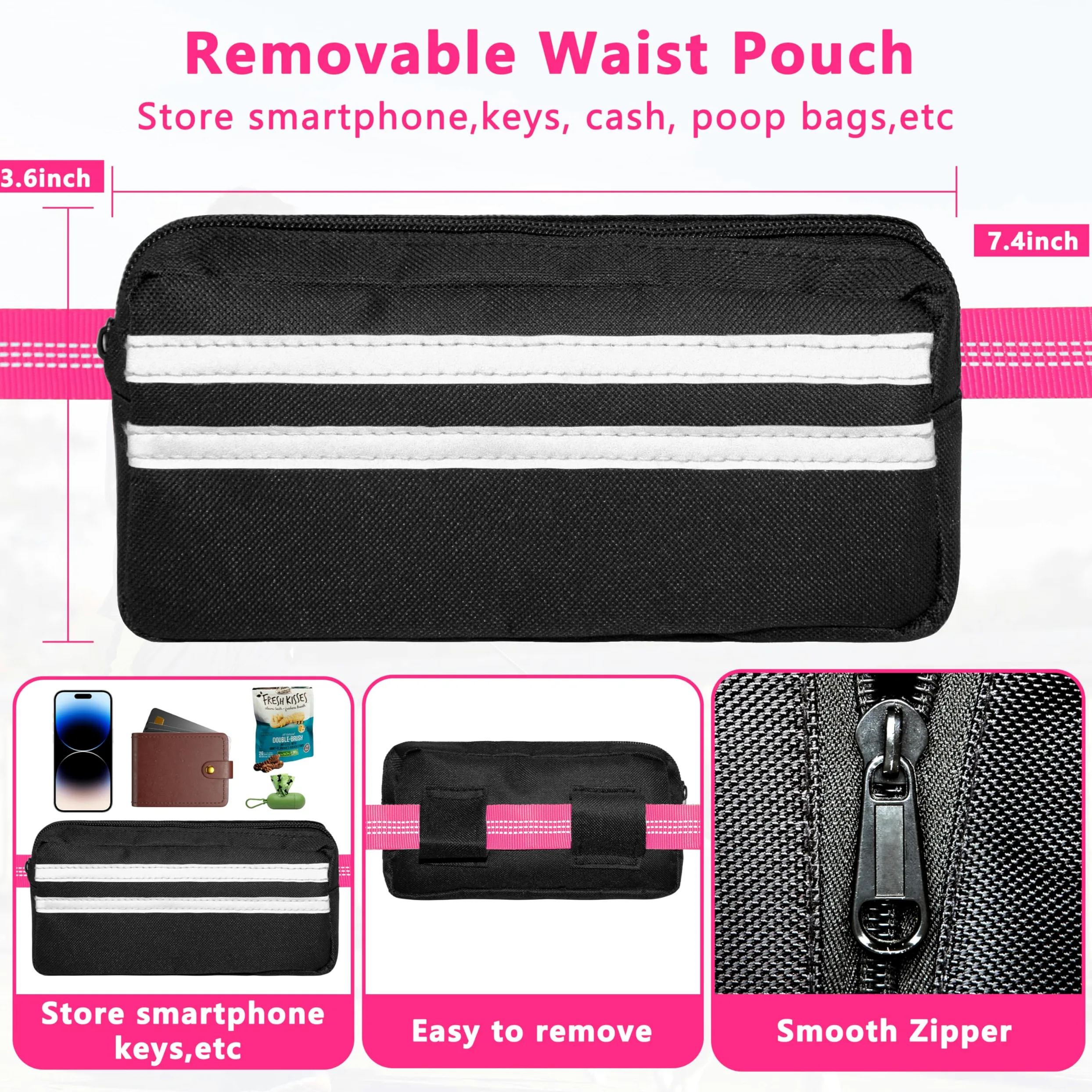 Laisse mains libres pour chien avec pochette à fermeture éclair, laisse de course pour promenade du chien, ceinture réglable pour grands chiens, design élastique réfléchissant avec deux