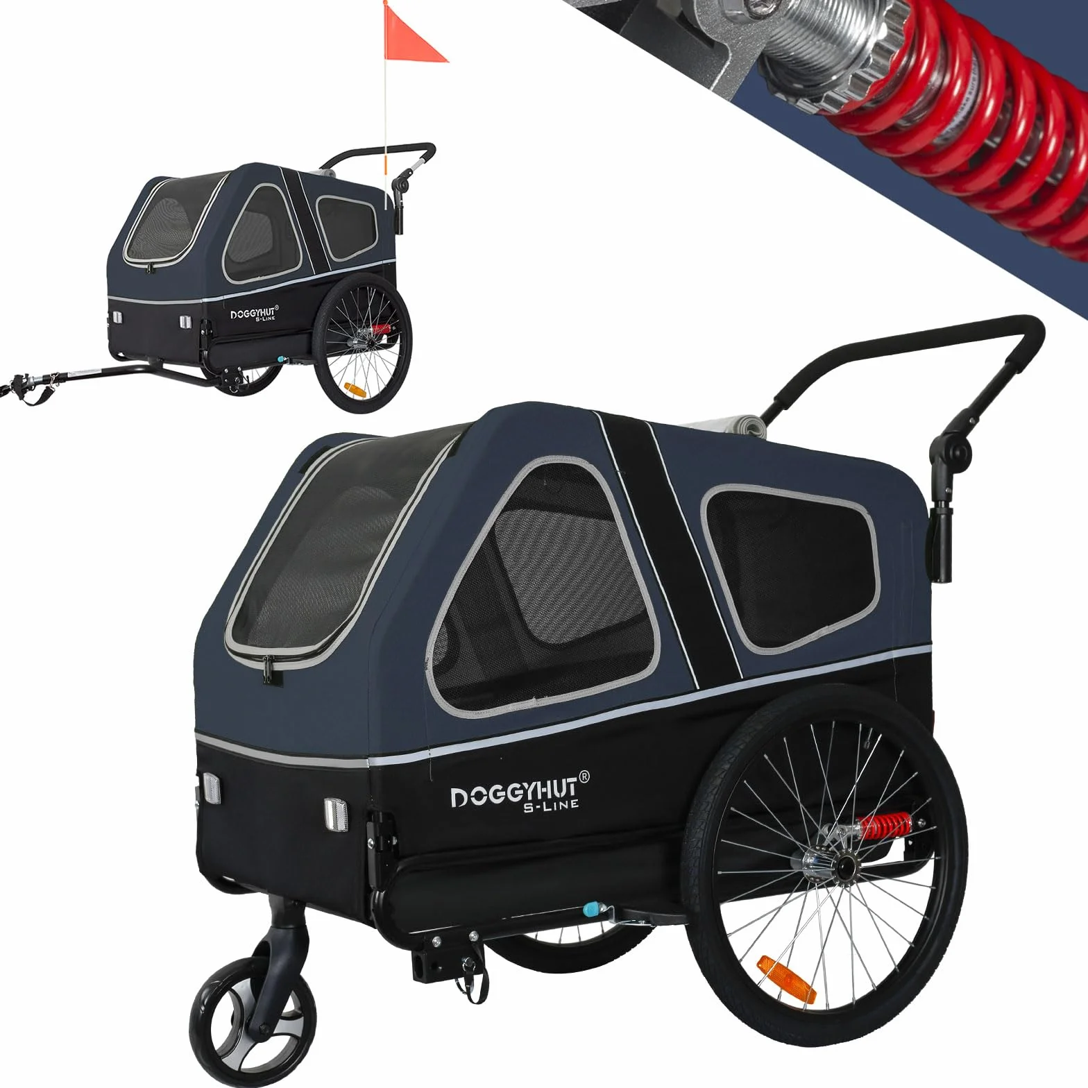 Remorque de vélo pour chiens DOGGYHUT® S-Line XL 45,4 kg, pliable, roues de suspension, frein de stationnement