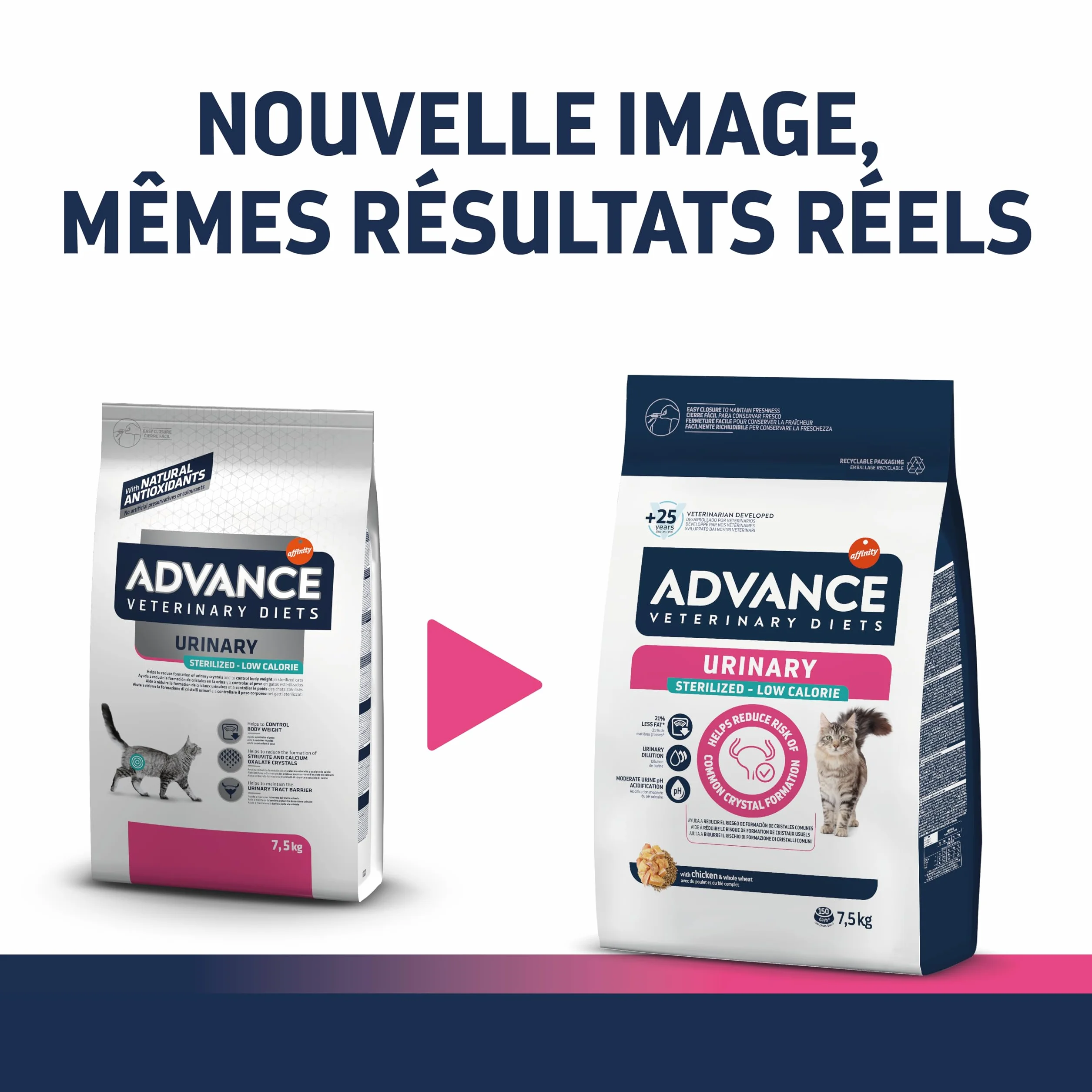 Advance Veterinary Diets Urinary Low Calorie Croquettes pour Chats Contrôle du poids Protection voies urinaires 7.5 kg