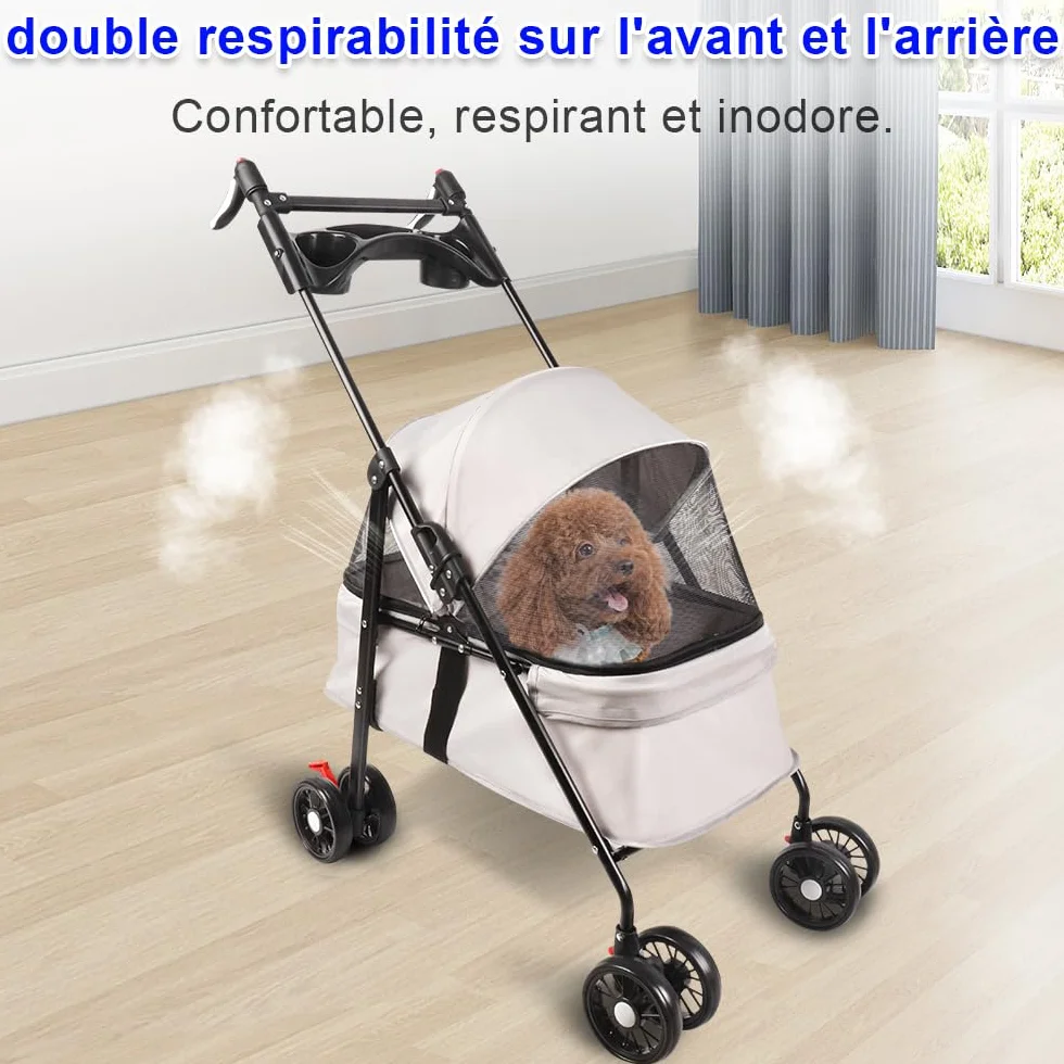 Poussette de voyage pliable pour chiens et chats avec roues, porte-gobelet, auvent réglable, grand panier