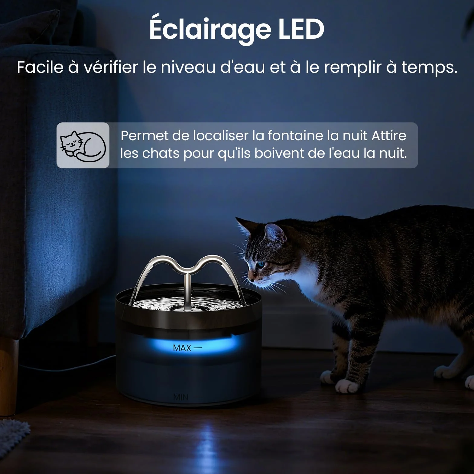 Fontaine à Eau Chat 2.1L avec Lampe LED et Pompe Silencieuse, Distributeur pour Chien, 3 Filtres et Éponges Inclus