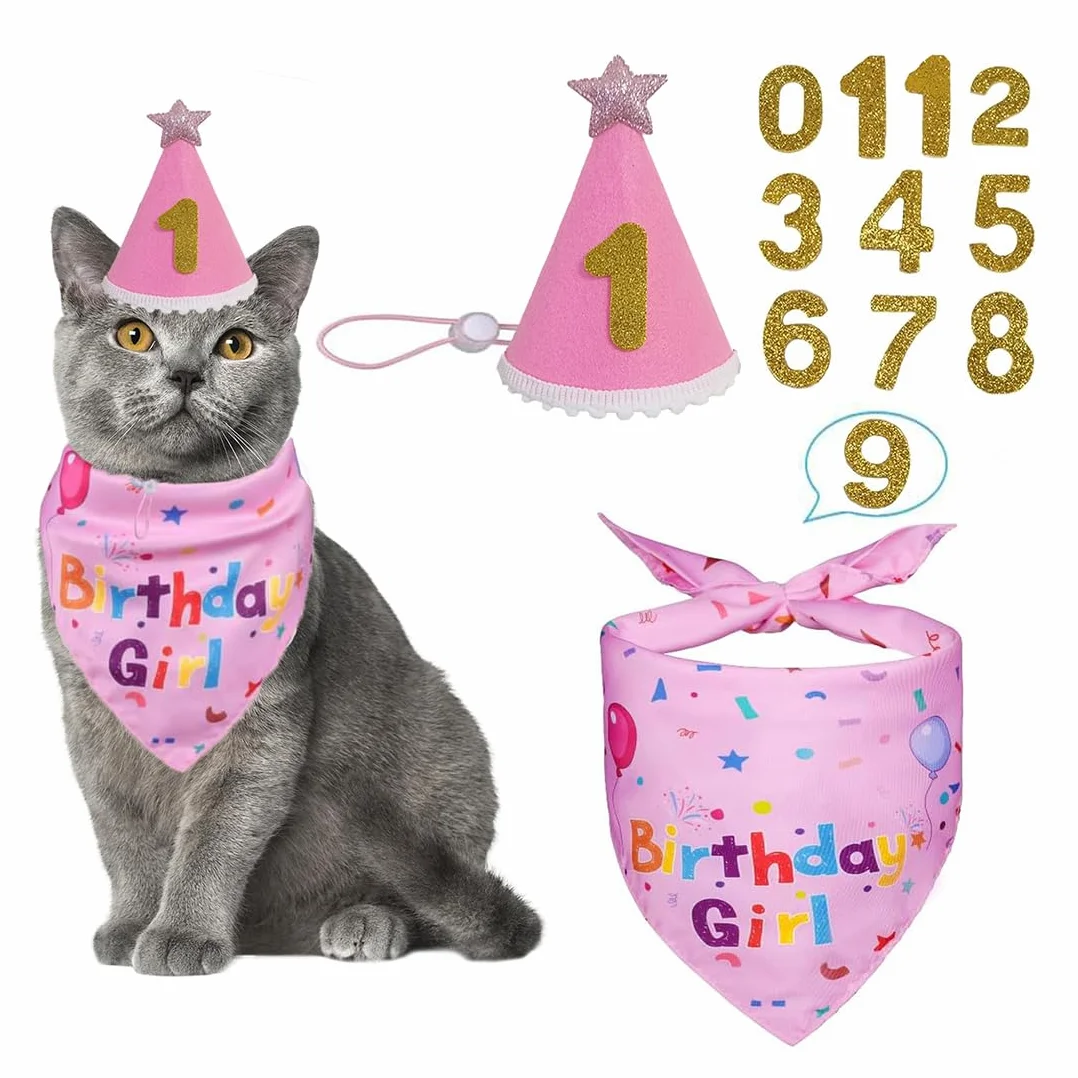 Bonnet d'anniversaire pour chiens et chats, chapeau bandana réglable avec chiffres pailletés, rose