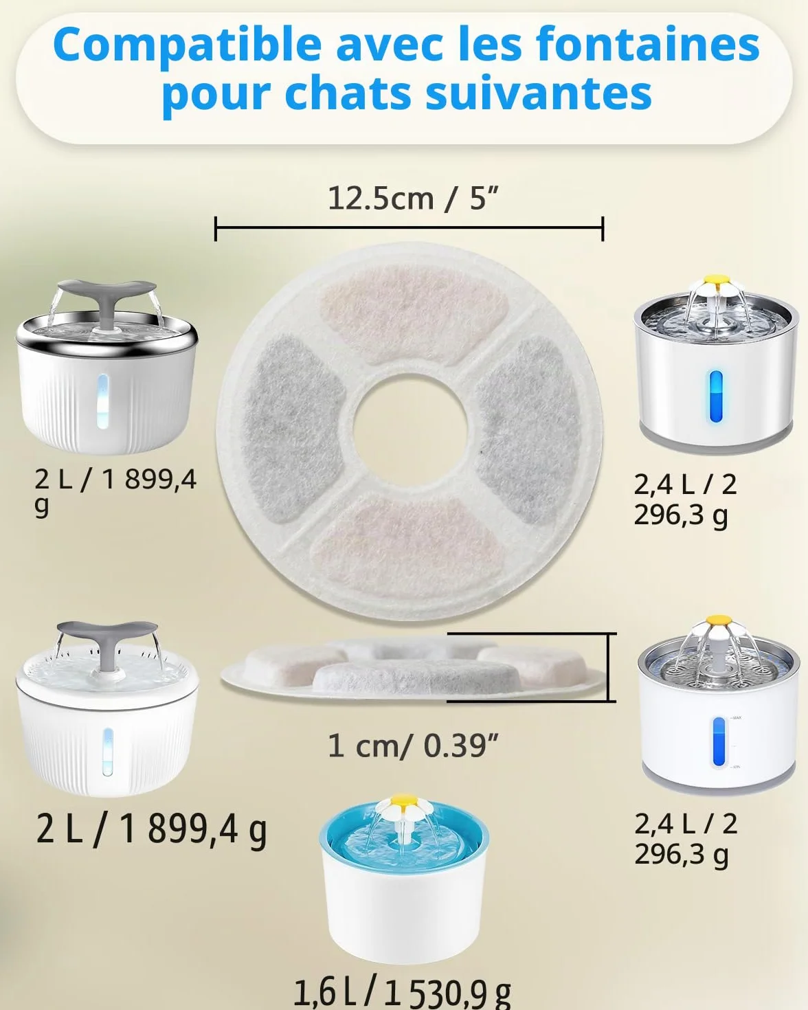 Filtre Fontaine Chat Triple Action 6 PCS Remplacement Résine échangeuse d'ions Charbon Actif 2-2.5L