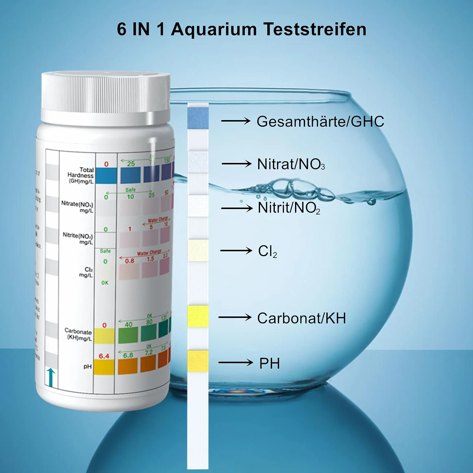 Lot de 100 bandelettes de test 6 en 1 pour aquarium pH nitrite nitrate chlore dureté carbonatée générale eau salée eau douce
