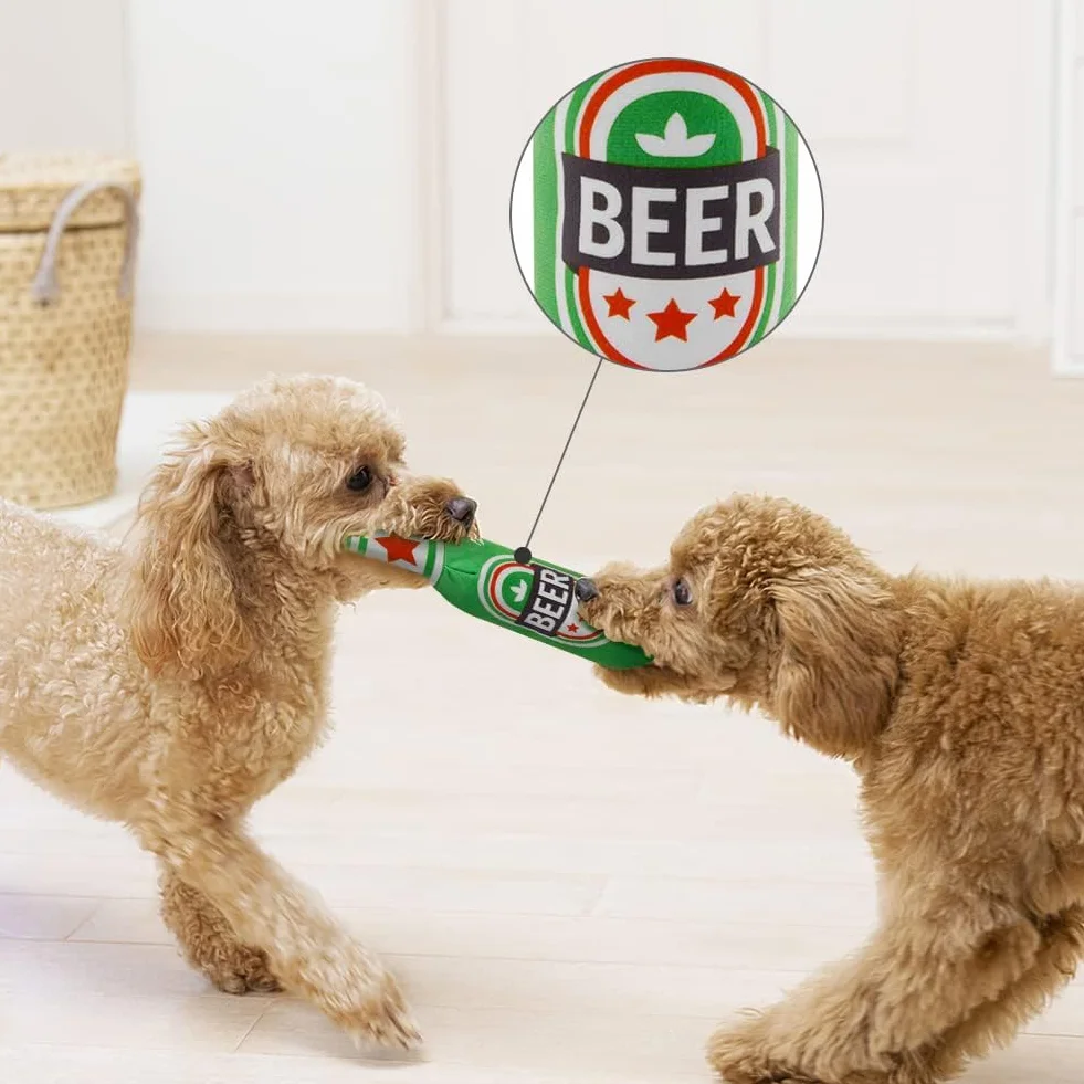Jouet en Peluche Bouteille de Bière pour Chien Interactif à Mâcher Vert