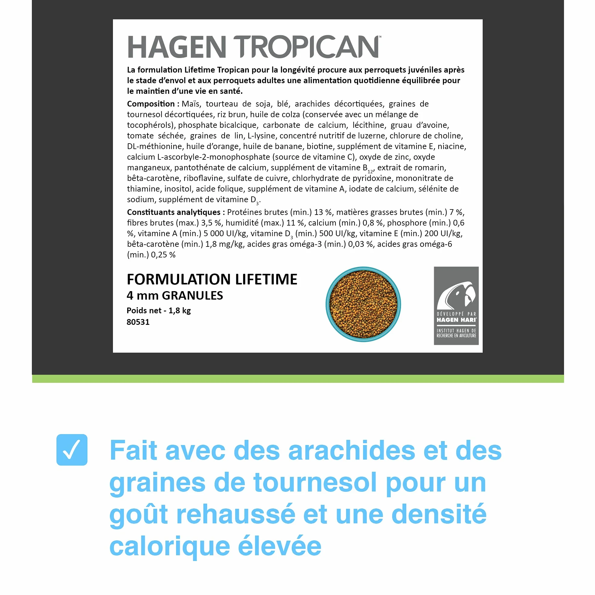 Tropican Parrot à vie Granulés pour Oiseaux 1,8 kg