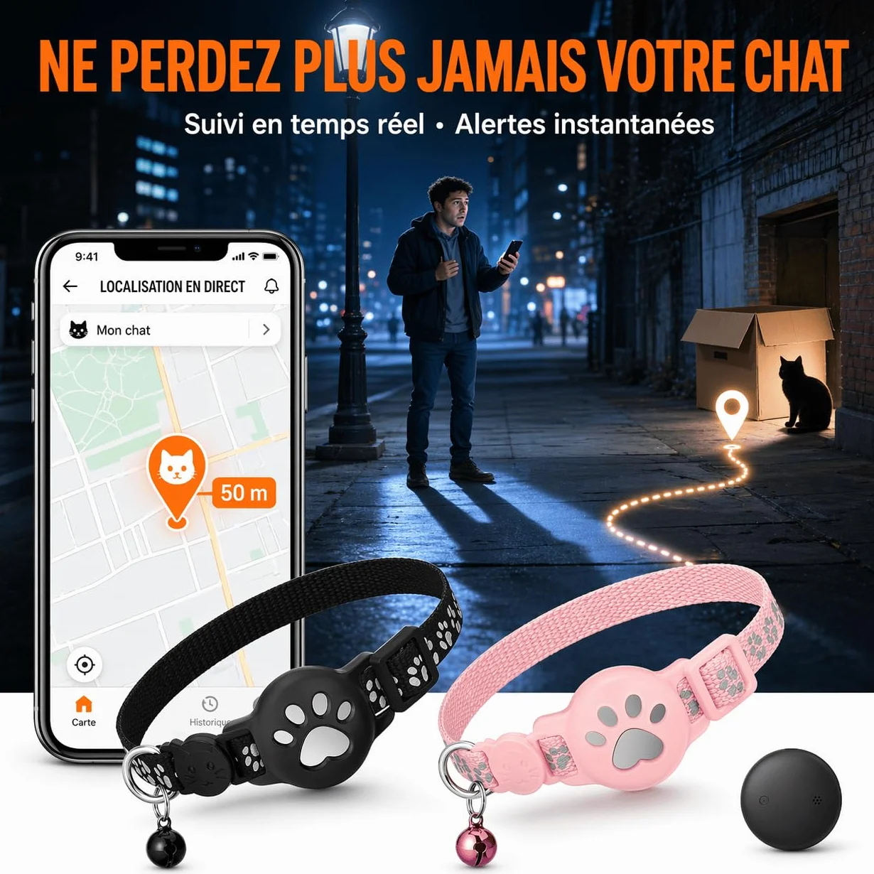 Collier GPS Chat sans Abonnement ni Carte SIM, Traceur GPS Étanche IP67, Localisation Temps Réel, Anti-Perte (Noir)