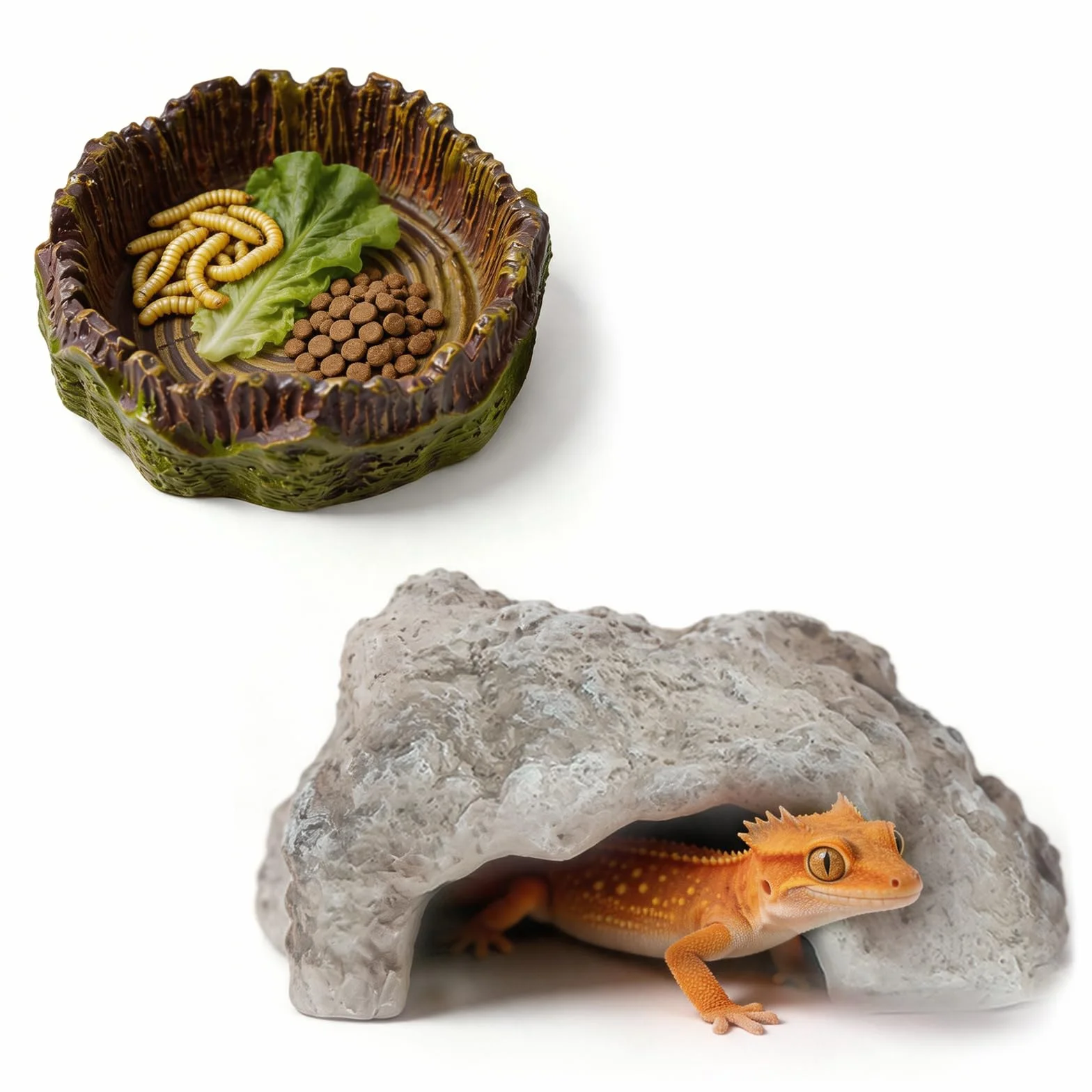 Cachette de Roche Reptiles avec Gamelle Grotte pour Tortue Terrestre Terrarium Décoration pour Petits Lézards Tortues