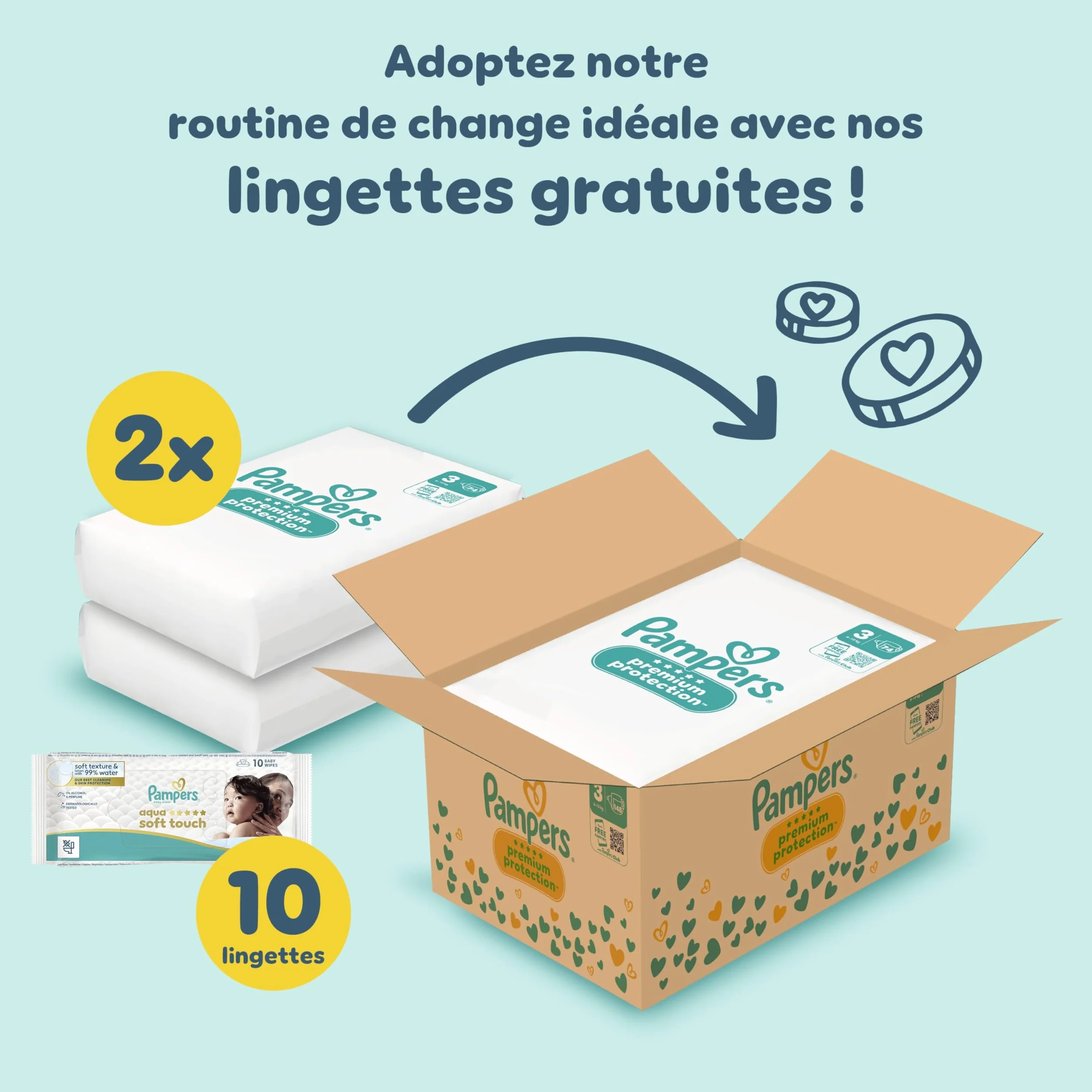 Pampers Premium Protection Taille 3, 148 Couches, 6kg-10kg, Pack 1 Mois + 10 Lingettes