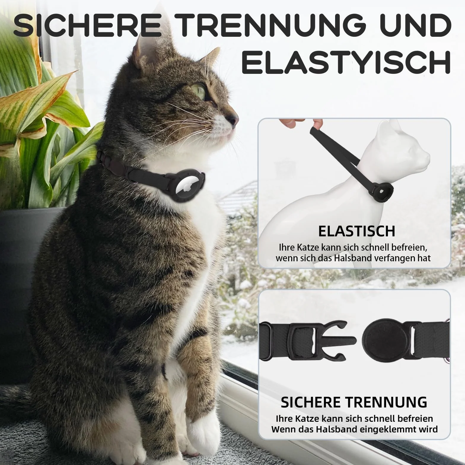 Collier Chat Airtag Extensible avec Protecteur et Cloche Noir