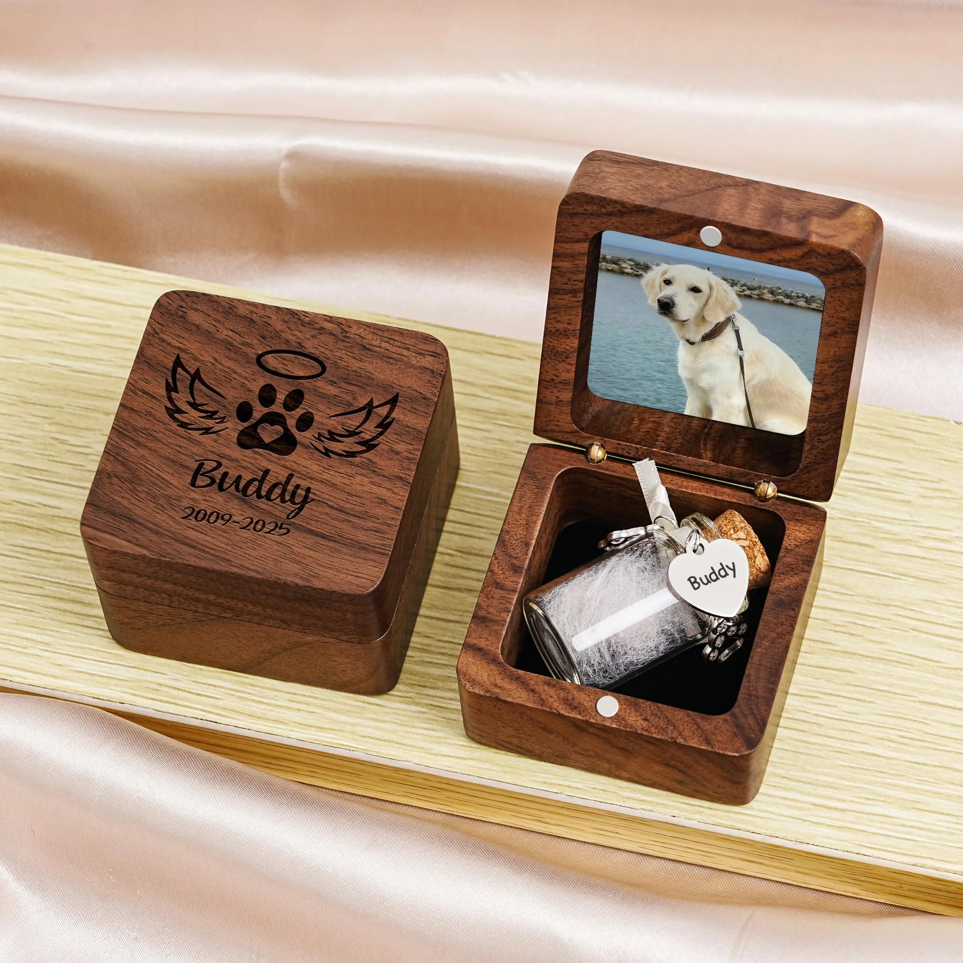 Boîte à souvenirs personnalisée en bois pour poils d'animaux chien chat - Cadeau compassion perte animal