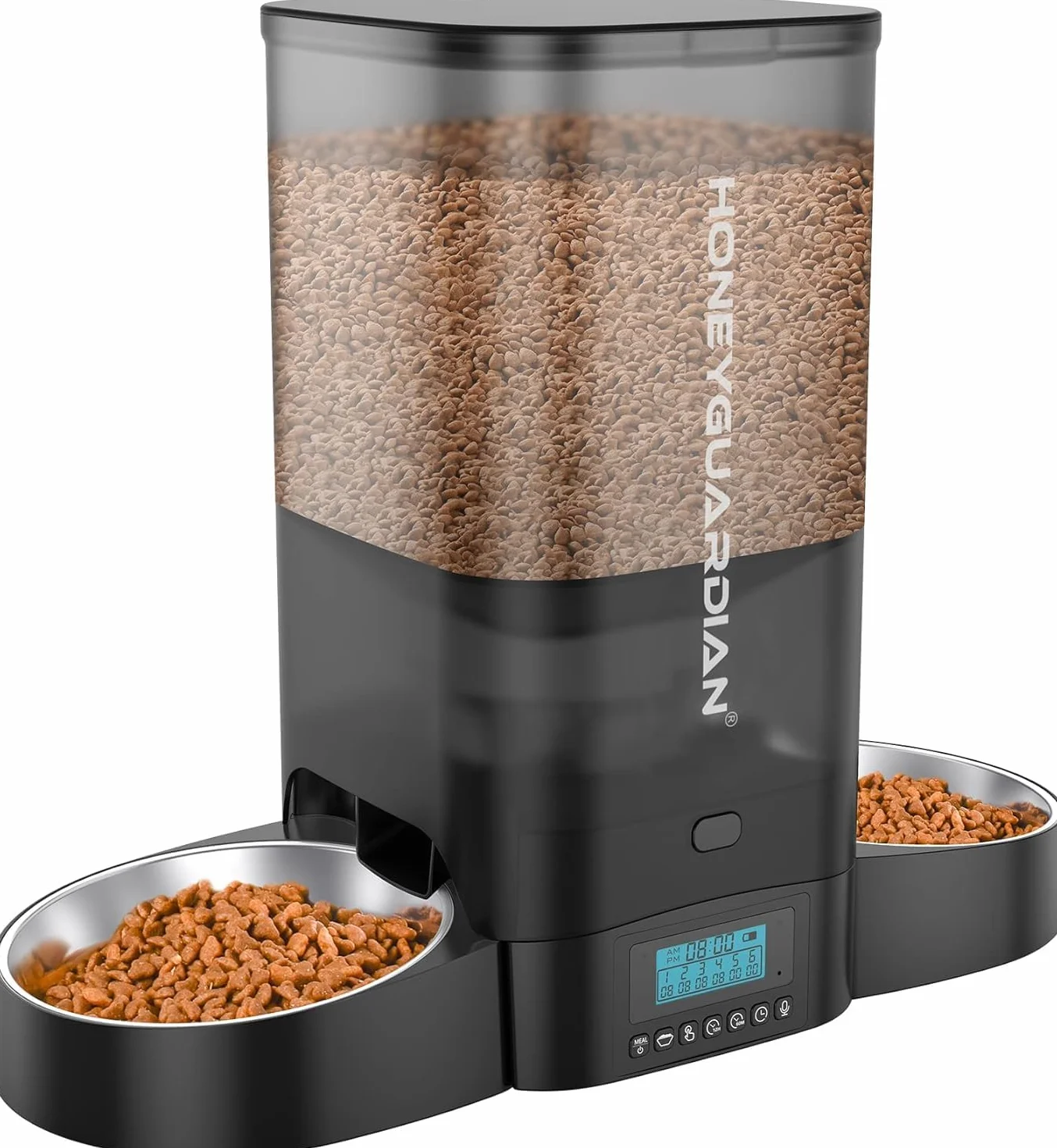 Distributeur Croquettes Automatique pour 2 Chats, 5L, Bols Acier Inoxydable, Enregistrement Vocal 10s, 1-6 Repas/Jour