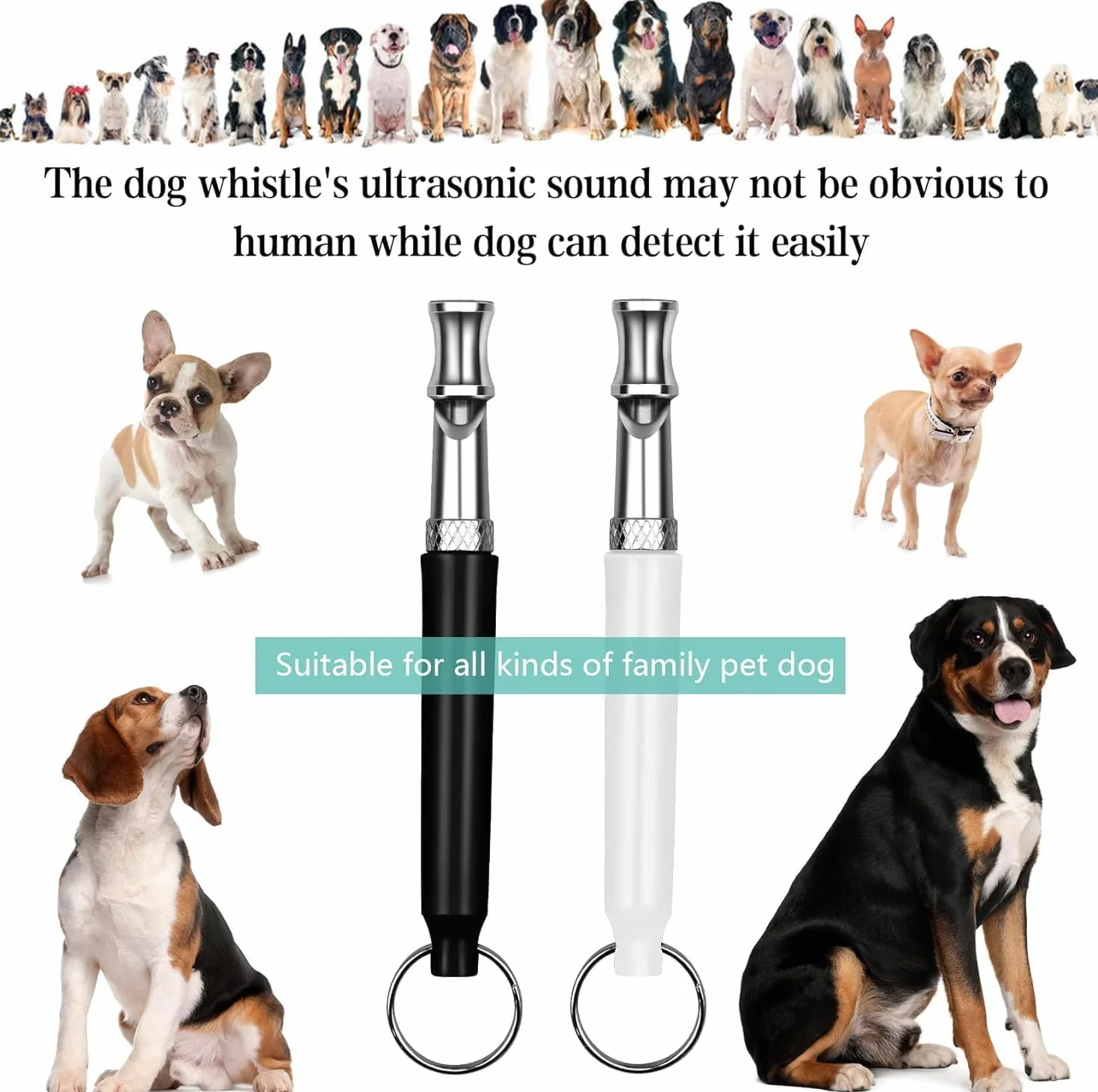 Sifflet Chien Anti Aboiement Ultrason Rappel avec Lanière Noir et Blanc