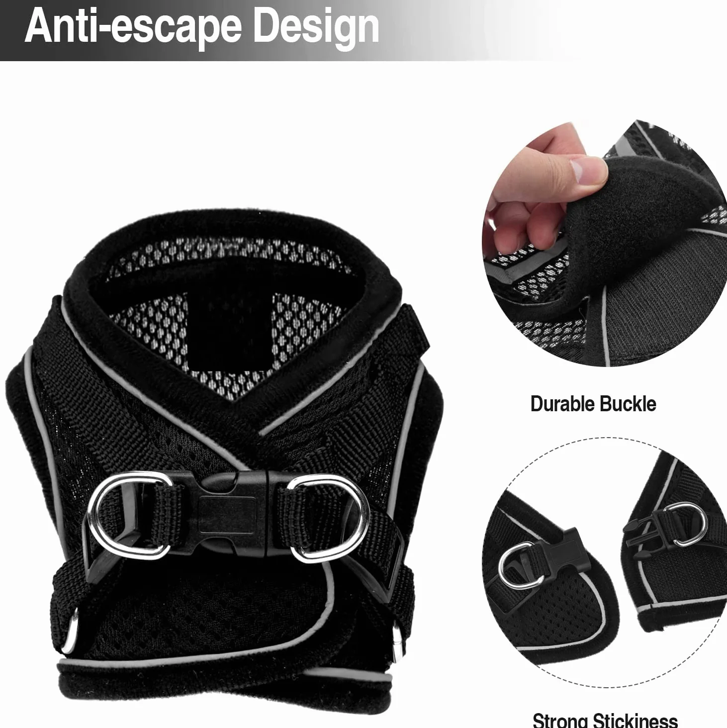 Harnais Chat Anti évasion Réfléchissant Respirant Réglable avec Collier et Laisse en Maille pour Animaux de Compagnie Noir
