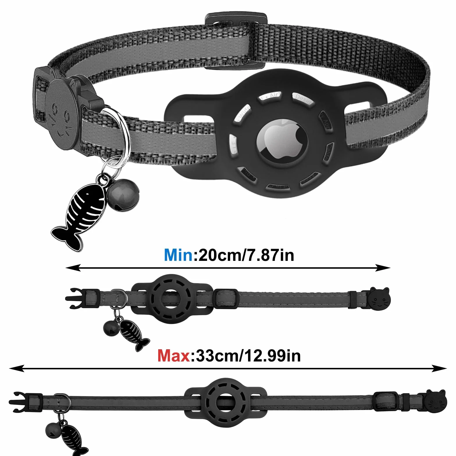 Collier Chat Compatible Airtag Réglable Réfléchissant avec Cloche Anti-étranglement Boucle Sécurité Noir