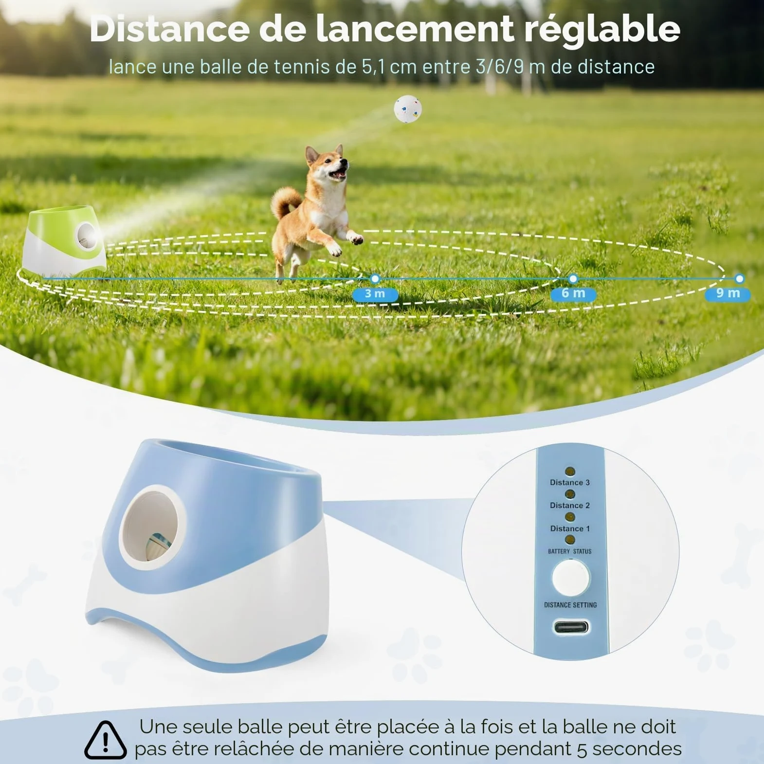 Lanceur De Balle pour Chien,3 Niveaux Distance,avec 6 Balles De Tennis | Rechargeable, Lanceur De Balle Automatique pour Intétieur &Extérieur