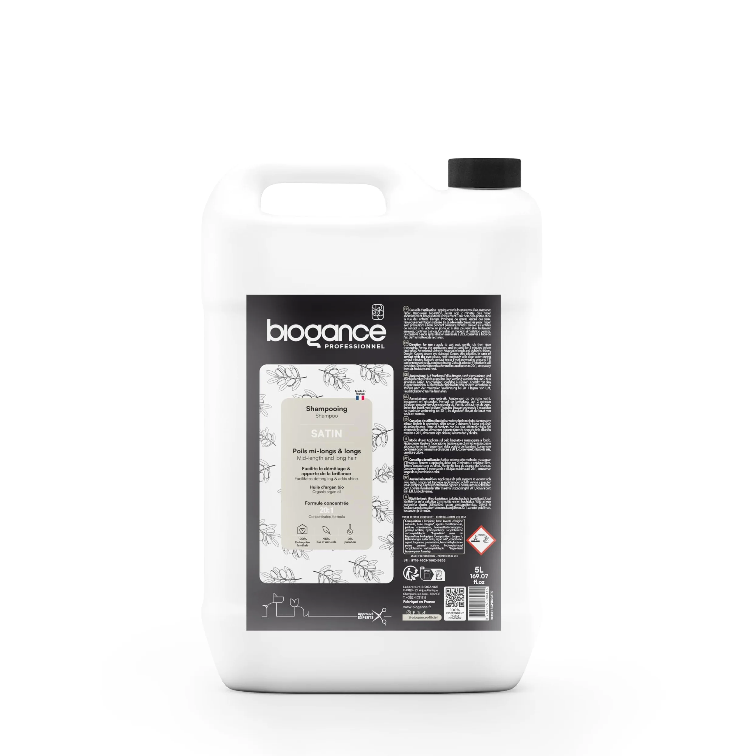 BIOGANCE PROFESSIONNELLE - SATIN shampooing professionnel pour pelage long - 5 L - Base d'huile d'argan - convient à toutes races de chiens et de chats
