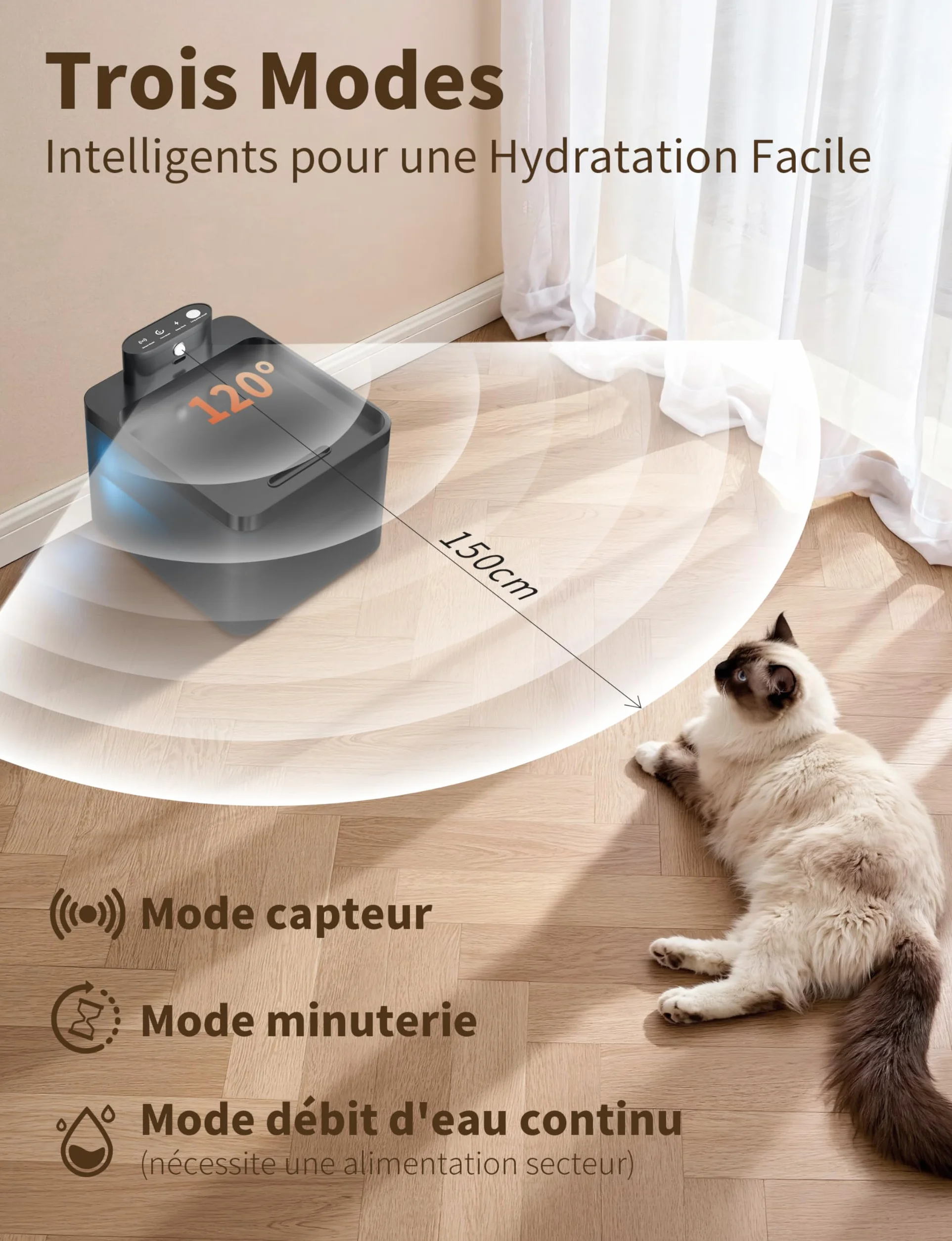 Fontaine à Eau pour Chat sans Fil 2.2L Filtration Multiple résistante aux éclaboussures