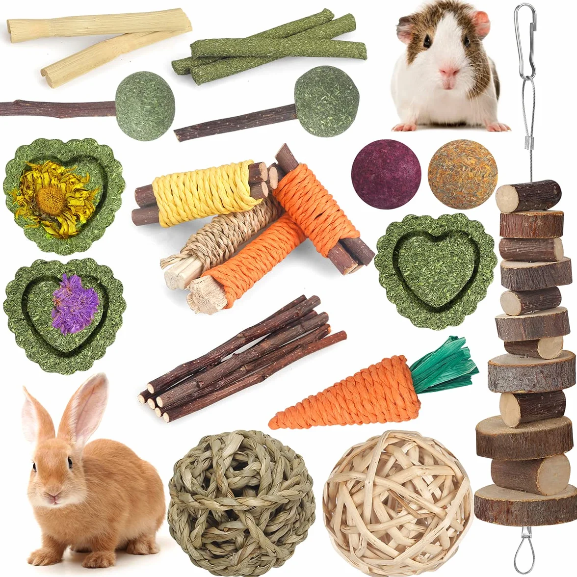 Jouets de Lapin 18 pièces Bâtons de Foin de Timothée Naturels Bâtons de Bois de Pommier
