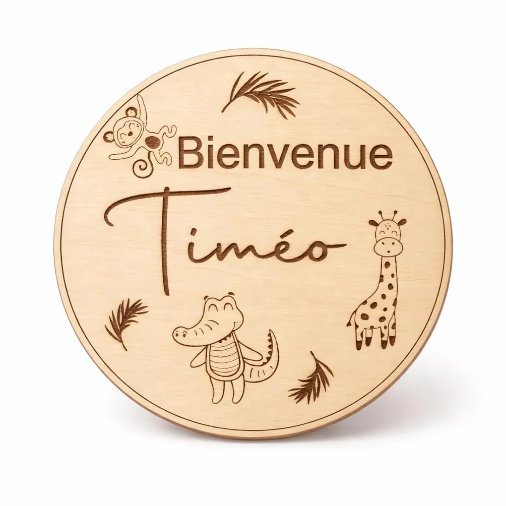 Carte naissance bébé personnalisée en bois - Plaque Bienvenue gravée prénom - Thème animaux jungle