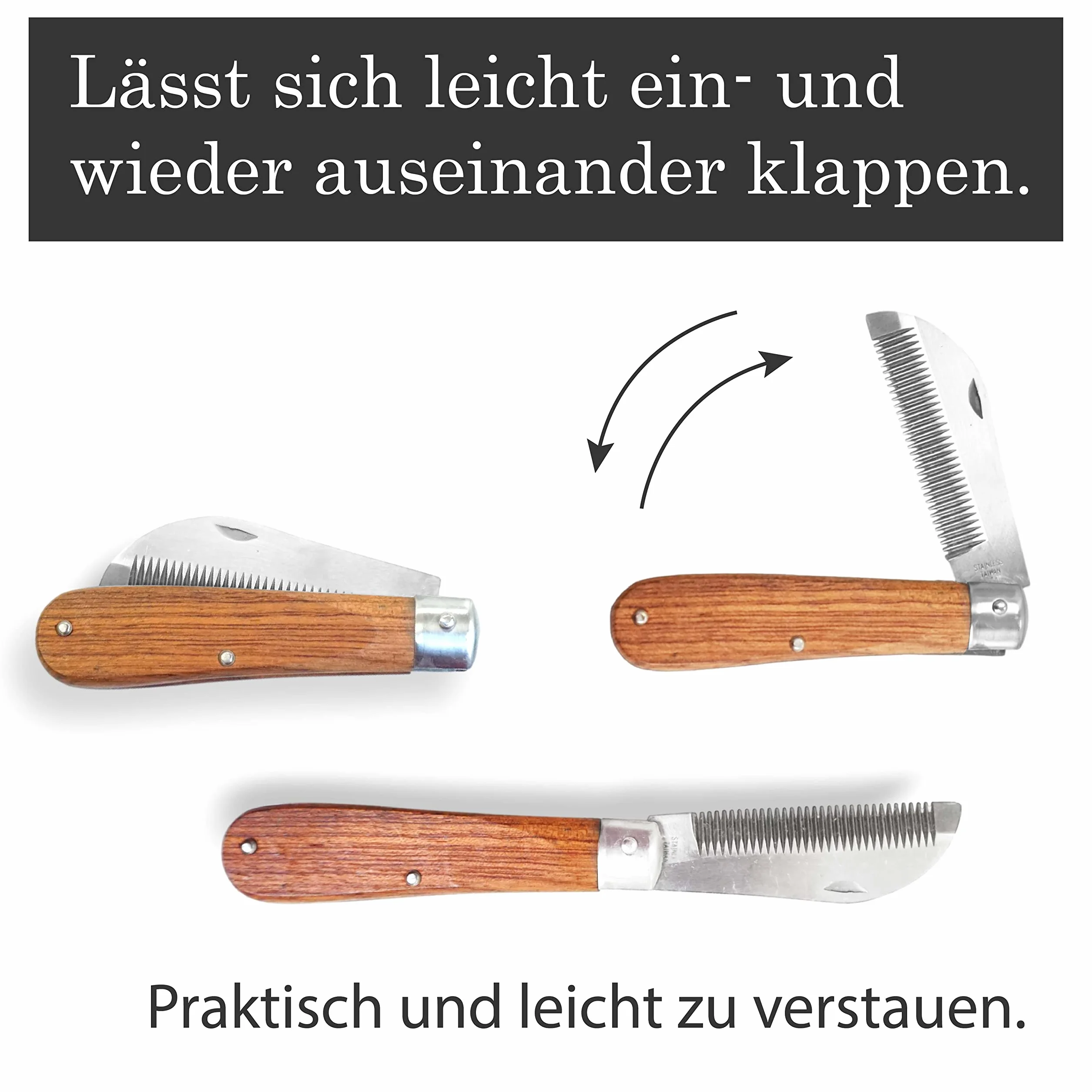 Pferdelinis Couteau à étirer pour Chevaux 18 cm Acier Inoxydable Pliable Manche en Bois