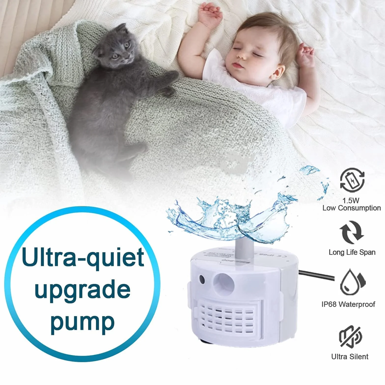Pompe de Fontaine pour Chat Chien en Acier Inoxydable Silencieuse Pompe à Eau de Remplacement