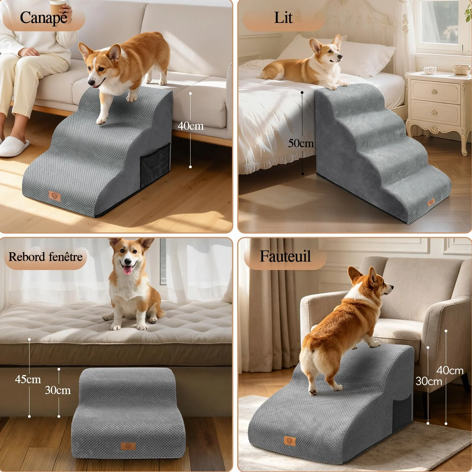 MASTERTOP Escaliers pour Chiens 2 Marches Étendus Mousse Antidérapant Housse Amovible Lavable Gris