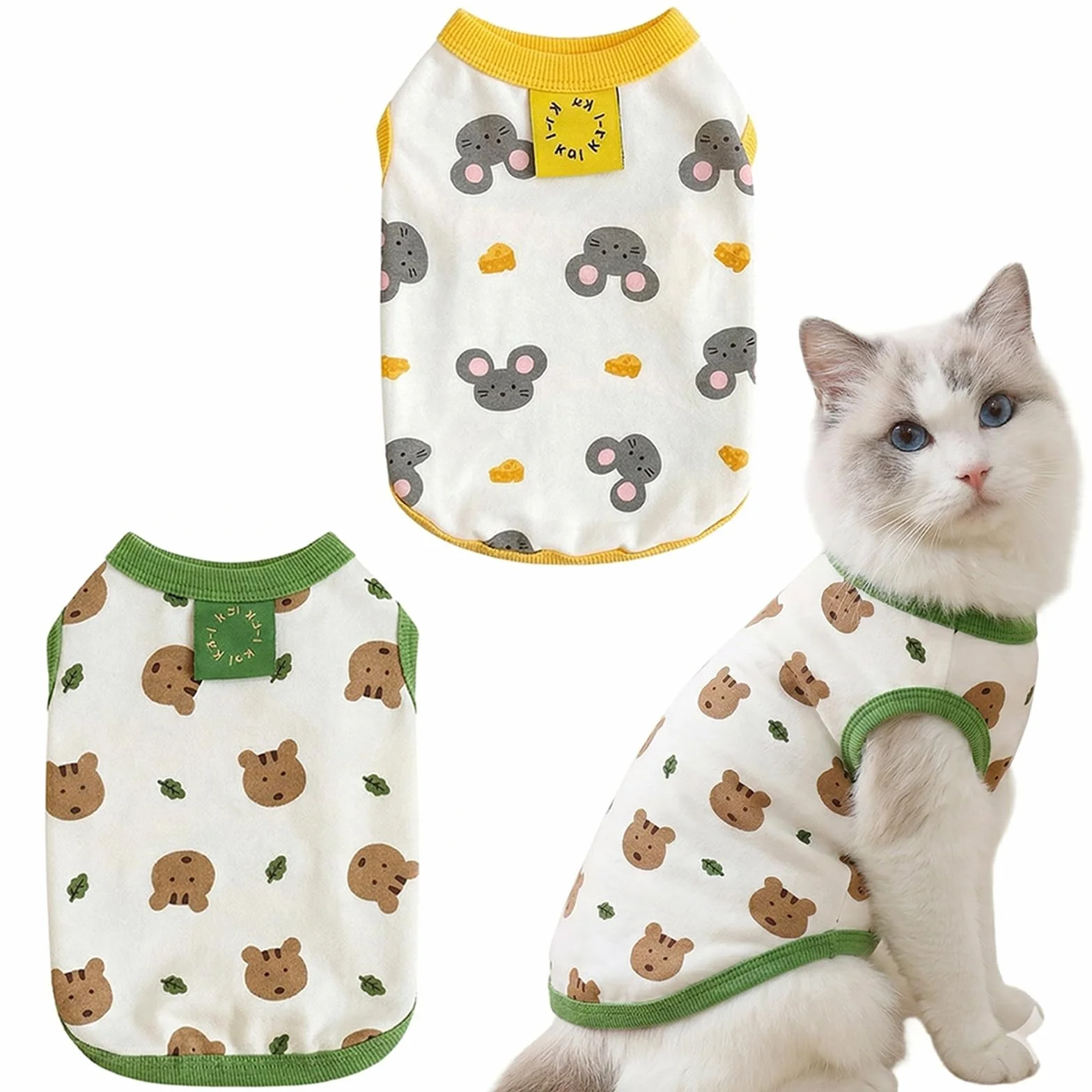 Body pour Chat et Chaton Taille L, Vêtement Doux et Respirant avec Motif Ours et Souris, Vert et Jaune