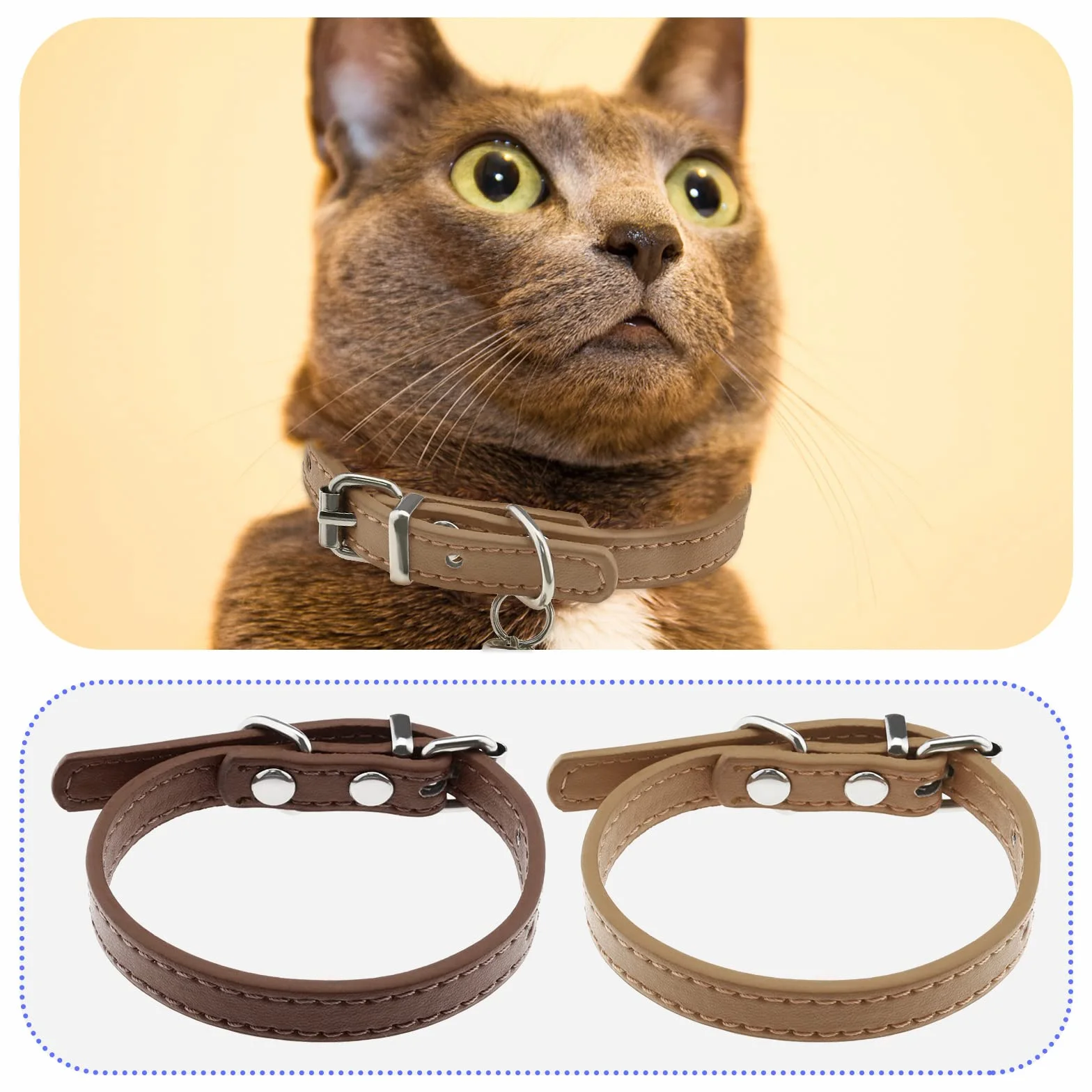 ECSiNG Collier Chat Cloche Cuir PU 15-23cm Réglable 1cm Café Kaki