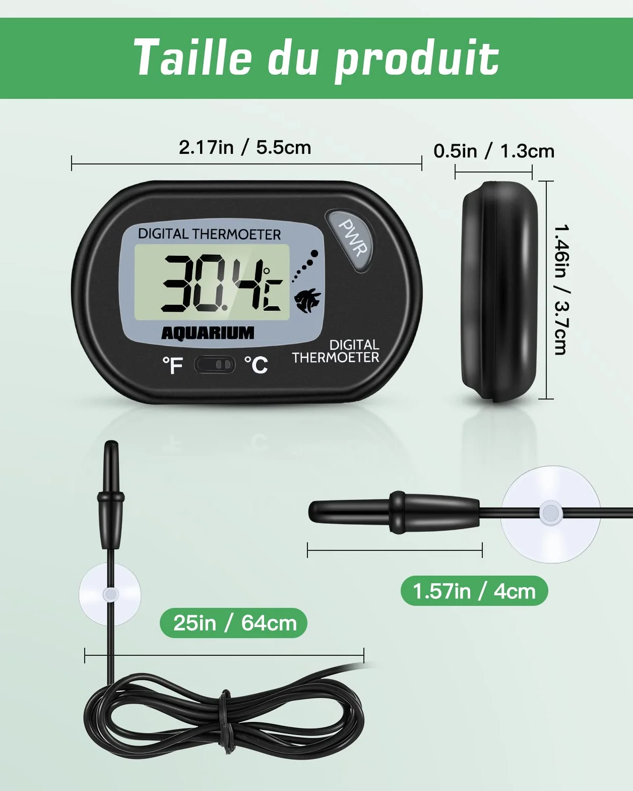 Zacro Thermomètre LCD Digital Aquarium avec Ventouse Sonde Immersion