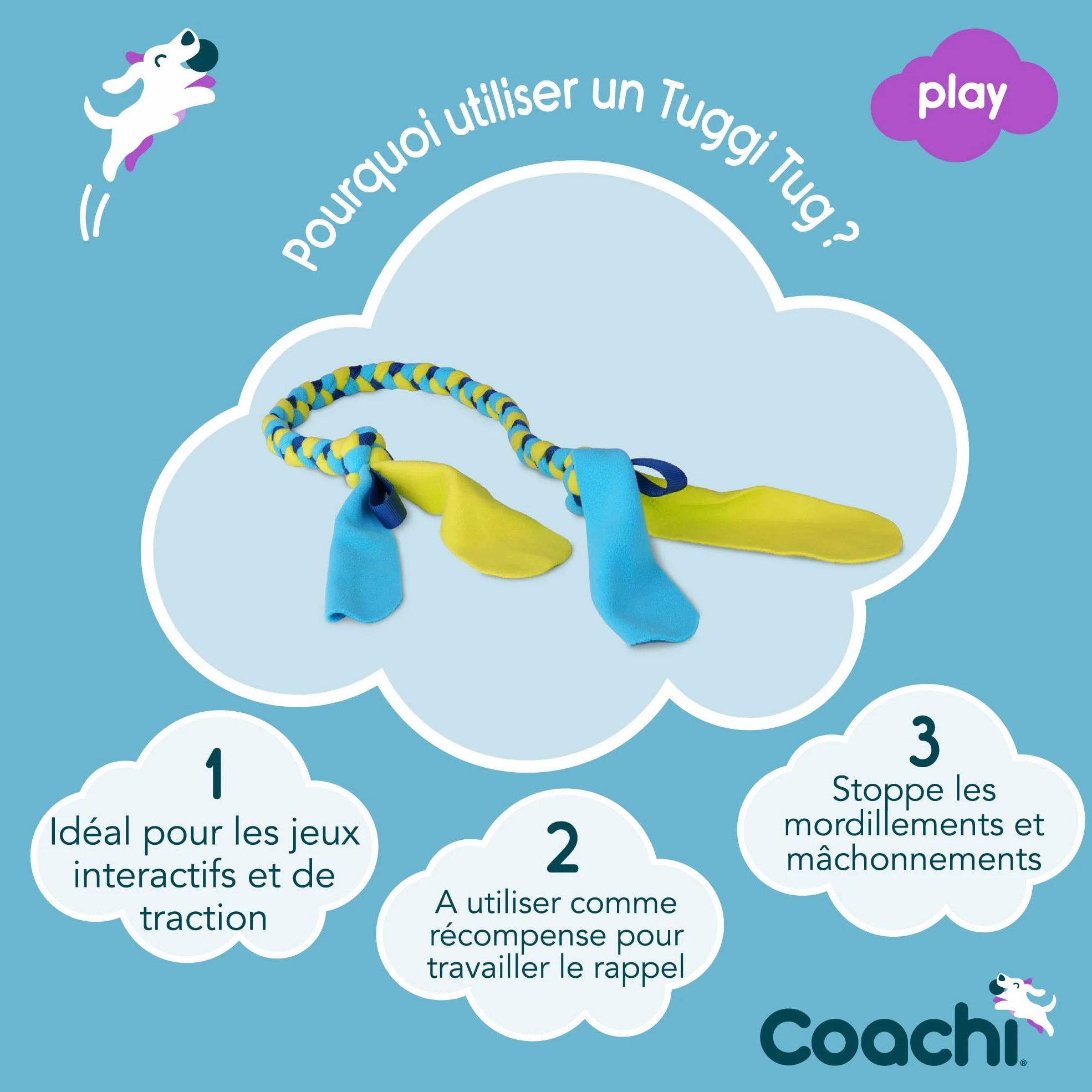 Tuggi Tug Coachi pour chien, solide et doux, dressage amusant, idéal pour rappel, arrêt morsures, pour tous chiens