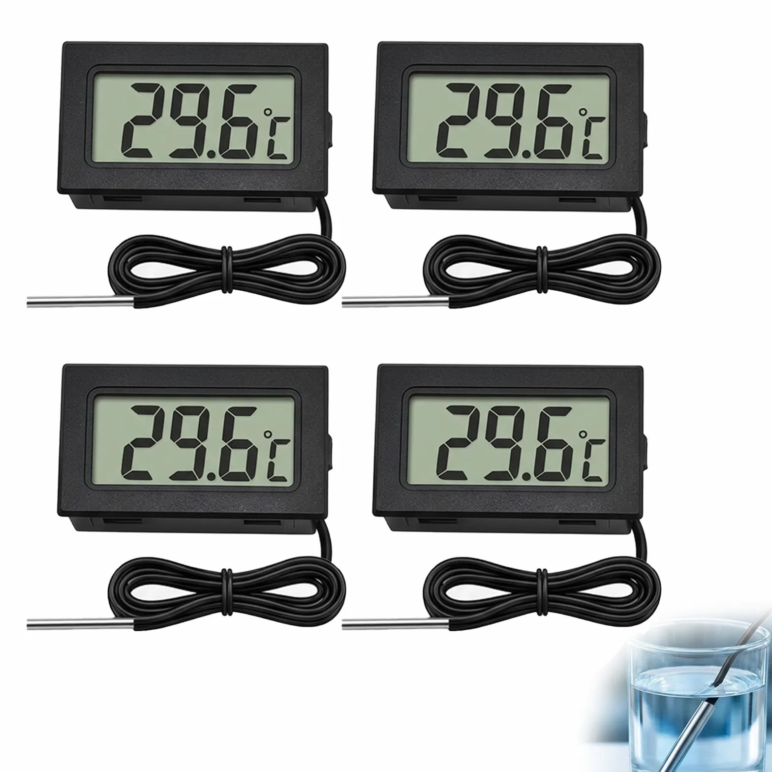 Thermomètre Numérique LCD avec Sonde Externe, Mini Digital Thermomètre pour Hygrometre Terrarium Réfrigérateur Congélateur Aquarium Reptile Vitrine Réfrigérée, 4PCS Affichage Rapide Haute Précision