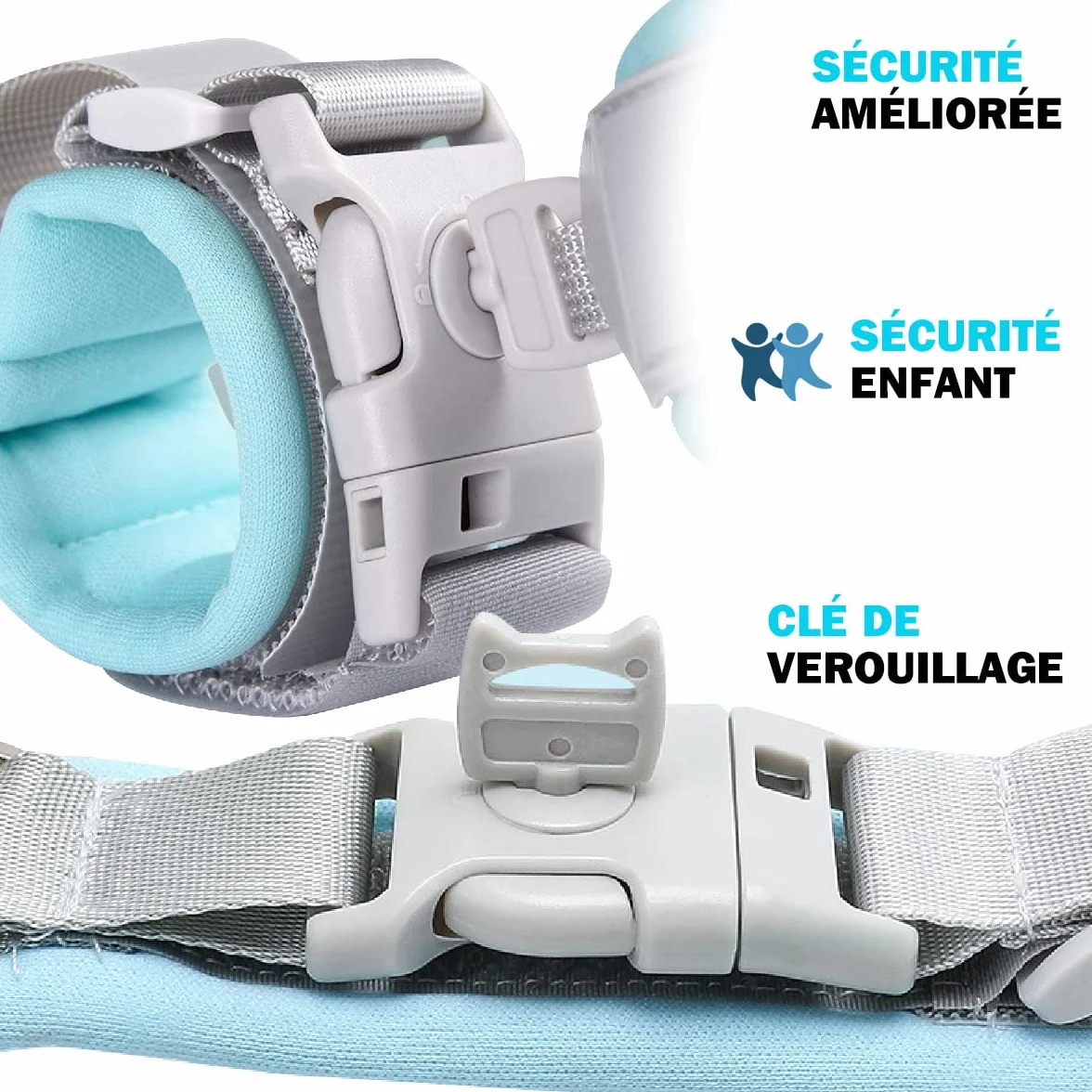 Bracelet Enfant Sécurité BLEU 2m - Laisse Enfant Poignet, Harnais Poussette