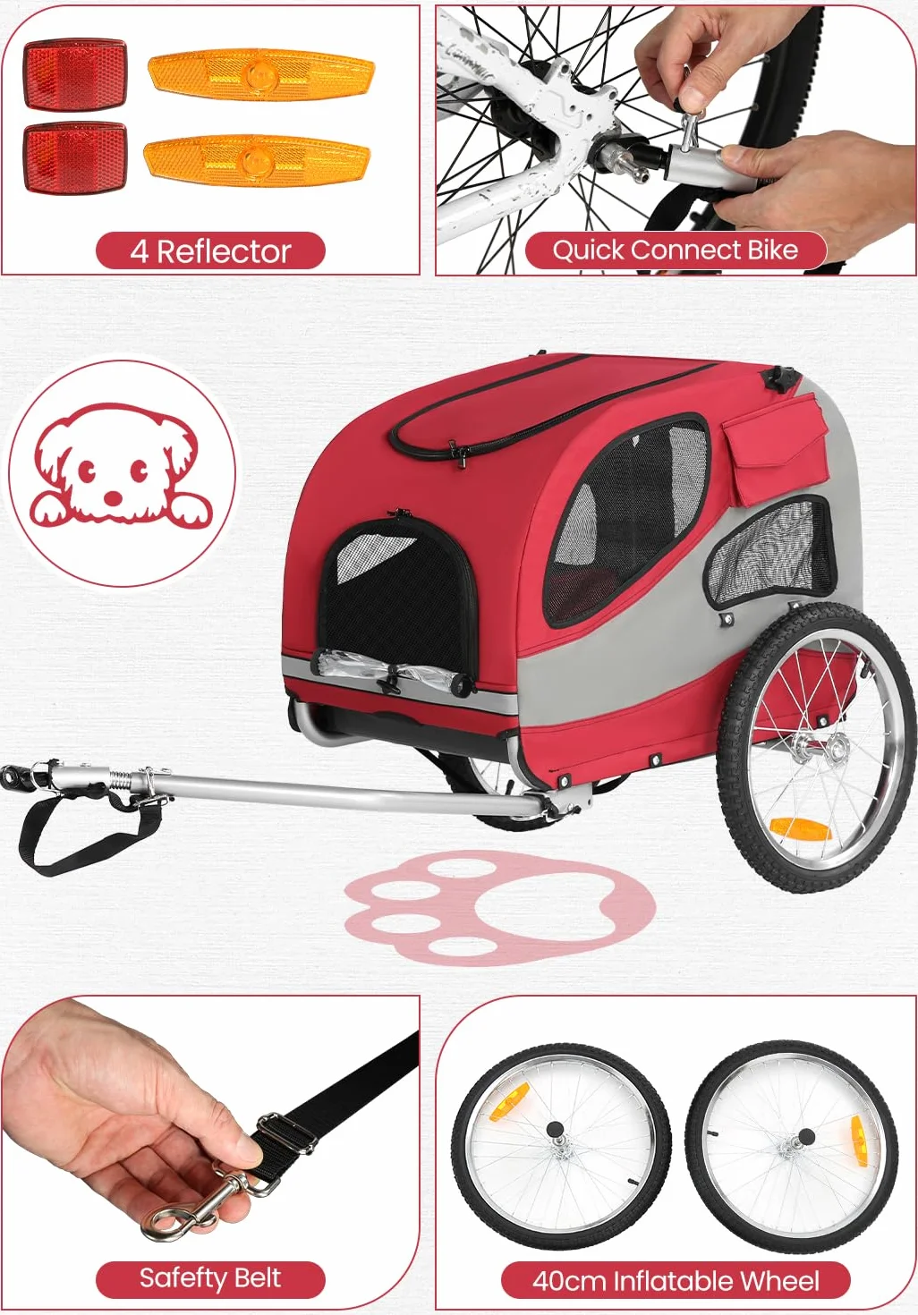 Sepnine Remorque de Vélo pour Chien M Pliable 30 kg Rouge avec Réflecteurs de Sécurité