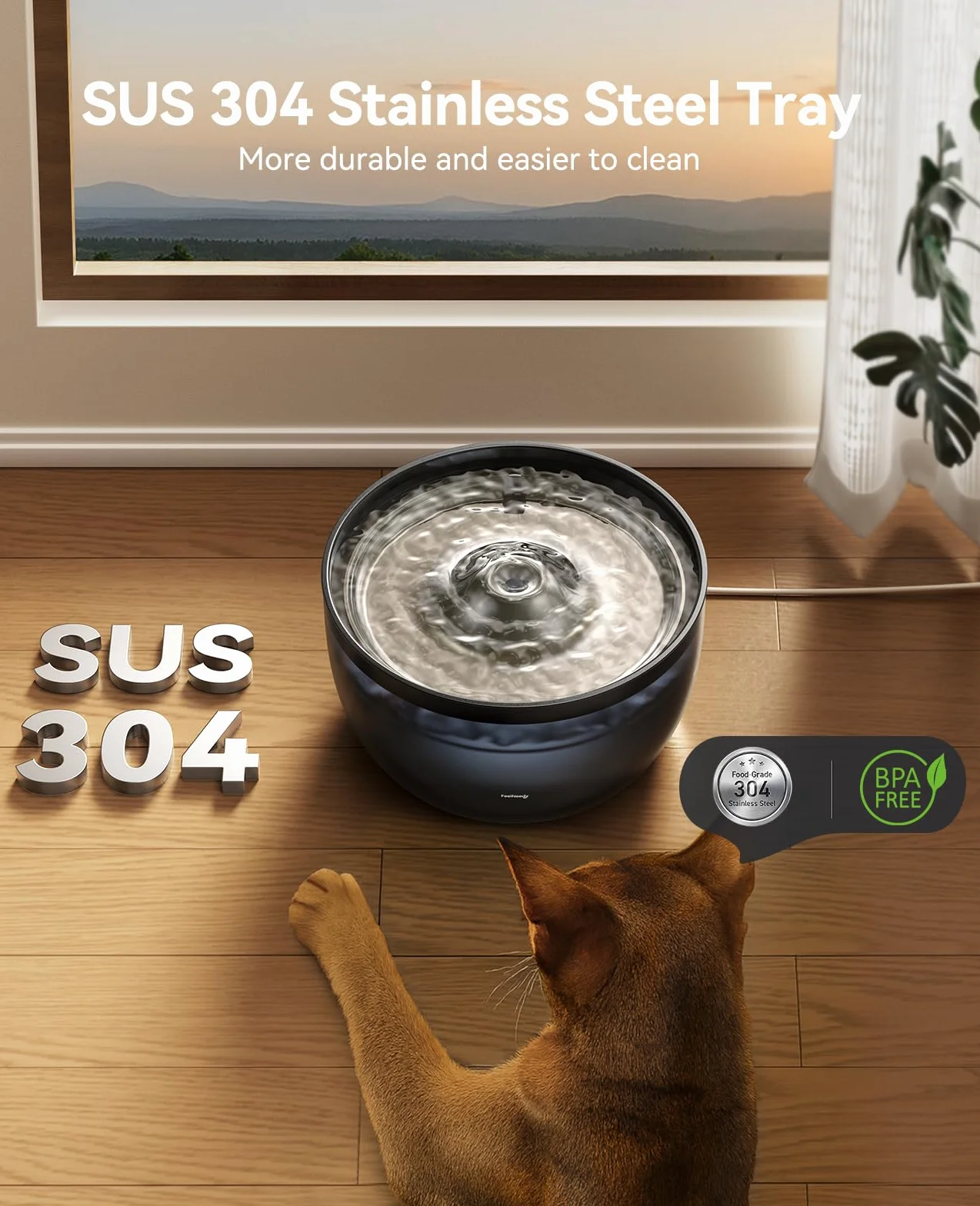 Fontaine à Eau pour Chats Silencieuse 3L FEELNEEDY Automatique avec Filtre Charbon - Gamelle Acier Inoxydable Noir
