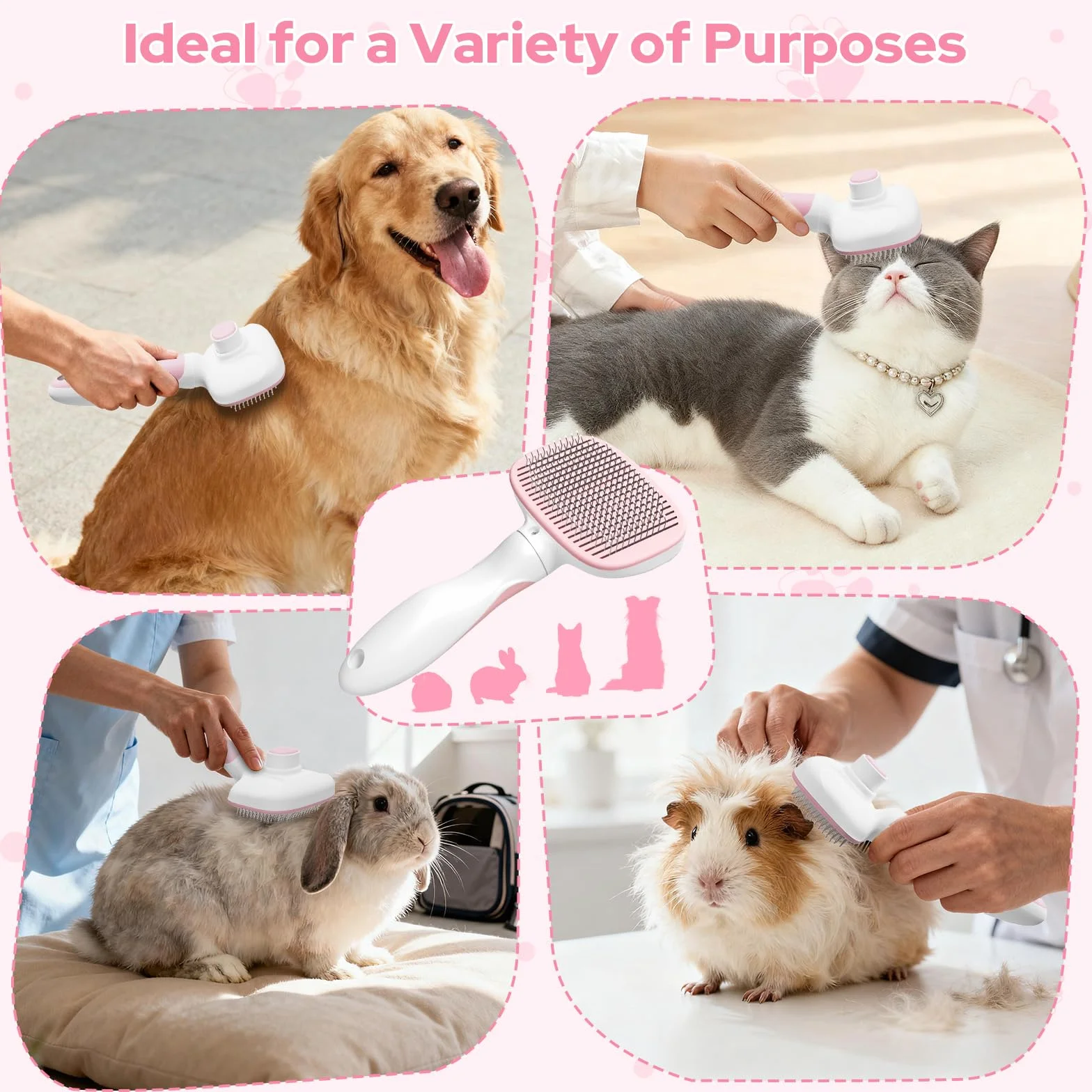 Zivacate Brosse Chat Chien Épilation Autonettoyante Poils Morts Manche Antidérapant Rose-Blanc
