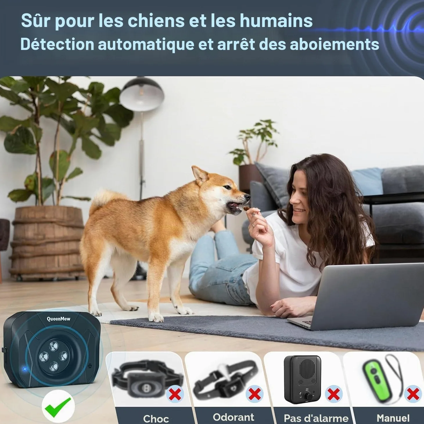 Dispositif Anti Aboiement Chien, 4 Émetteurs des Anti Aboiement Chien Ultrason, Boitier Anti Aboiement Chien de 33 Pieds, Alarme avec 3 Modes de Fréquence Réglables pour Grands et Petits Chiens