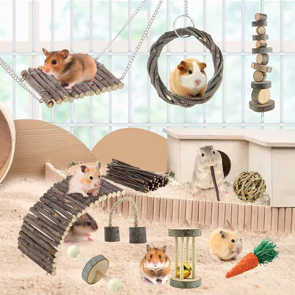 Jouets à mâcher pour Hamster en Bois de Pomme, Échelle, Cloche, Rouleau pour Petits Animaux