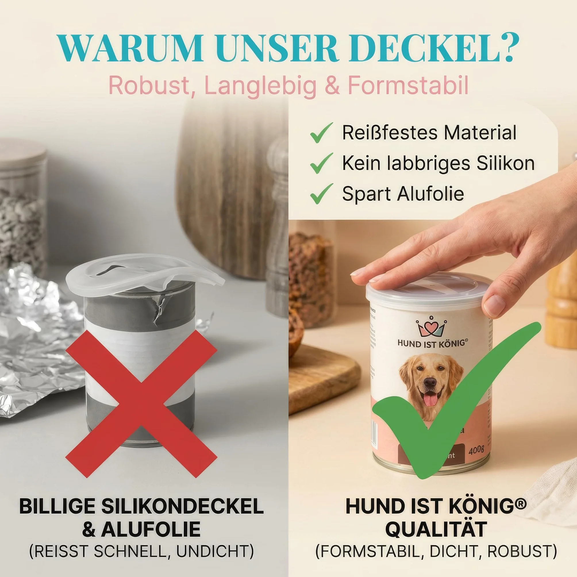 HUND IST KÖNIG® Couvercle de boîte – Couvercle robuste pour boîtes pour garder les aliments pour animaux frais et refermer les odeurs | Couvercle de boîte de 400 g / couvercle de boîte de 800 g