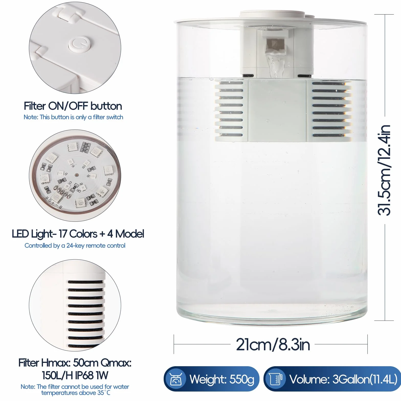 Aquarium Complet avec Filtre et Éclairage LED 11 L Multicolore 360° Fish Tank pour Petits Poissons Betta