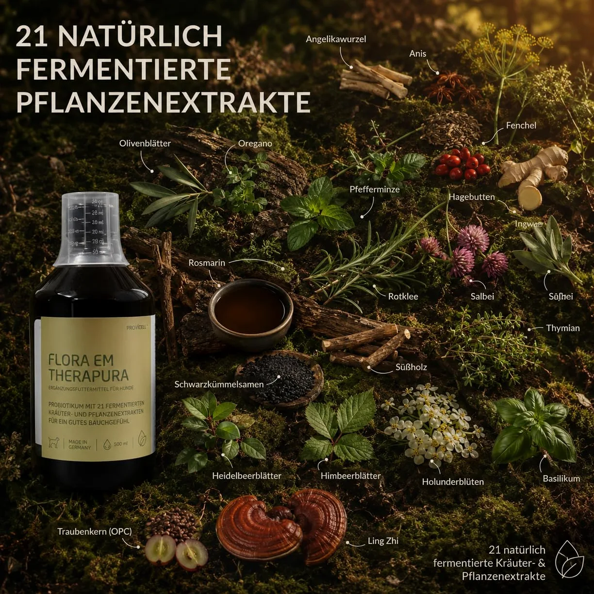 Flora EM Therapura Probiotique pour chien 500 ml liquide – Structure de la flore intestinale avec 21 herbes fermentées, micro-organismes et extraits de plantes – Digestion naturelle du chien