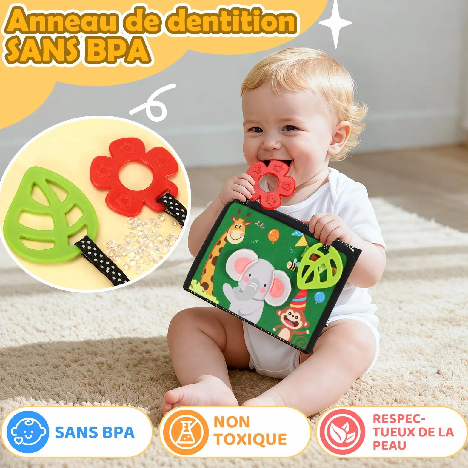 BBWOO Jouet Bébé 0-12 Mois, Grand Livre Pliable Montessori avec Miroir et Jouet Dentition Sensoriel, Images Noir et Blanc Haute Contraste