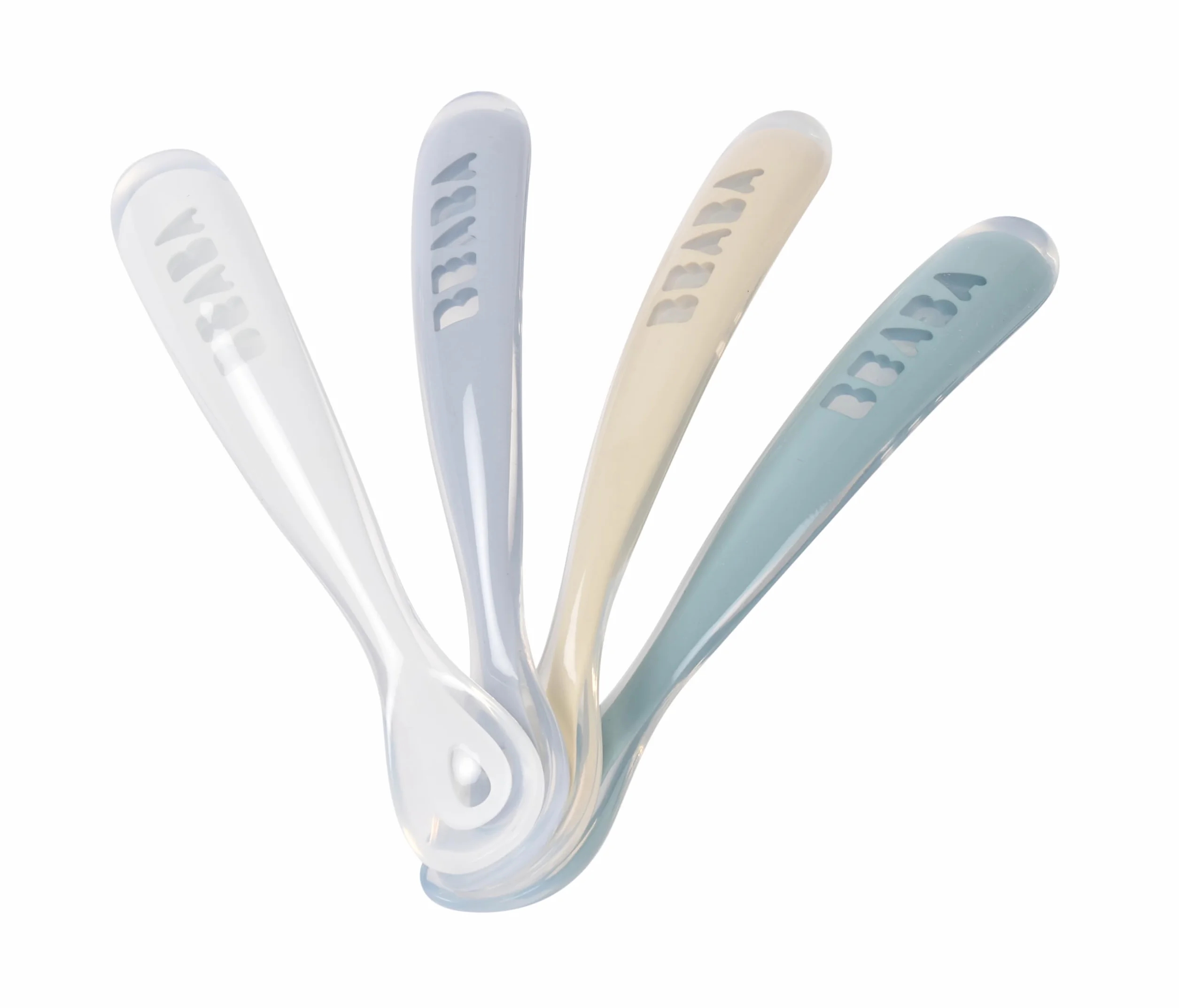 Béaba Lot de 4 Cuillères en Silicone Bébé 1er Âge Dès 4 Mois Souple Bout Arrondi Manche Long Ergonomique