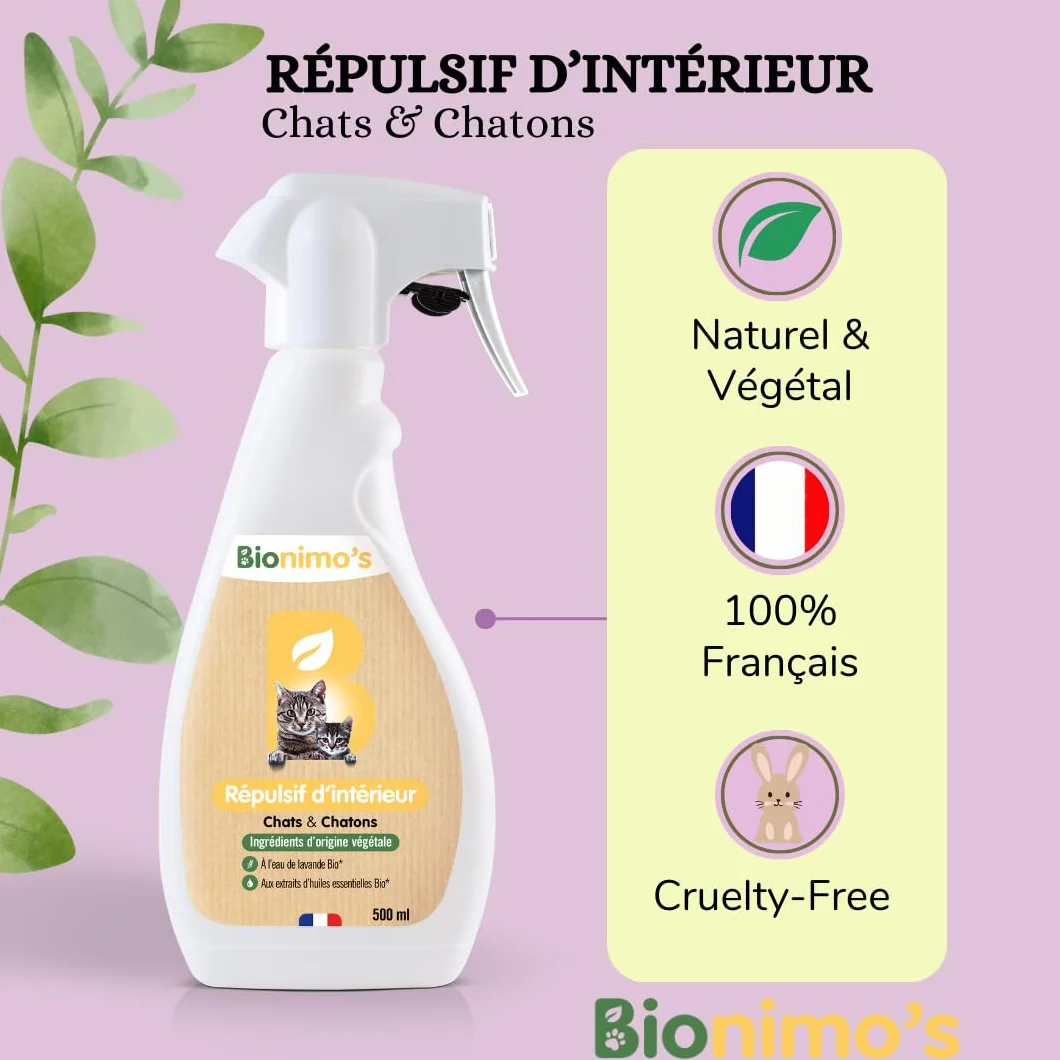 Spray Répulsif Intérieur Anti-Griffes Chats & Chatons, Naturel et Végétal, Eau de Lavande Bio, 100% Français
