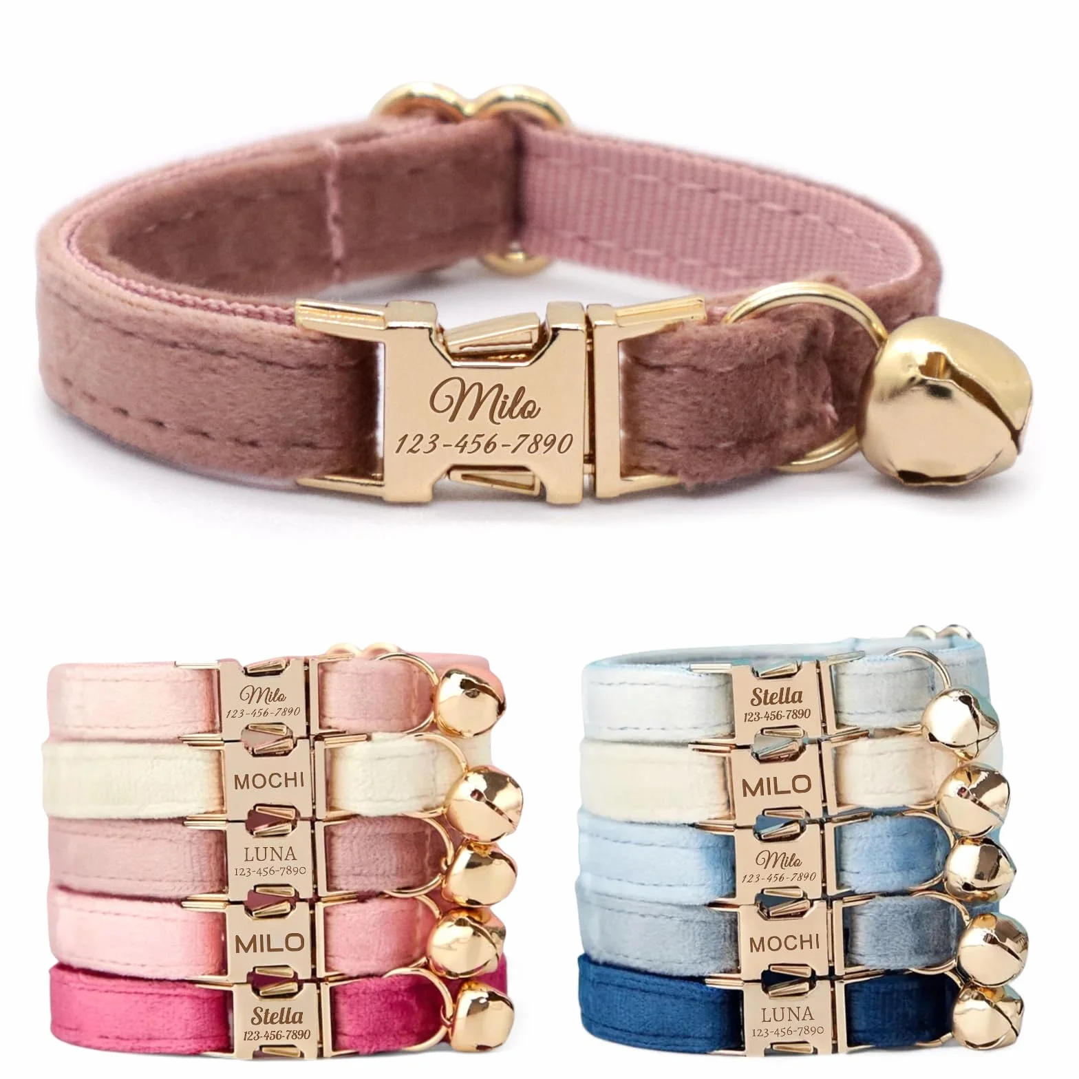 Collier pour Chat en Velours Personnalisé avec Nom et Clochette Rose Poudré