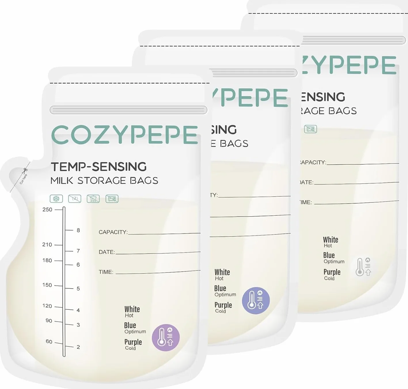 Sacs de Conservation du Lait Maternel 100 PCS 250ml avec Bec Verseur et Changement de Couleur Sensible à la Température