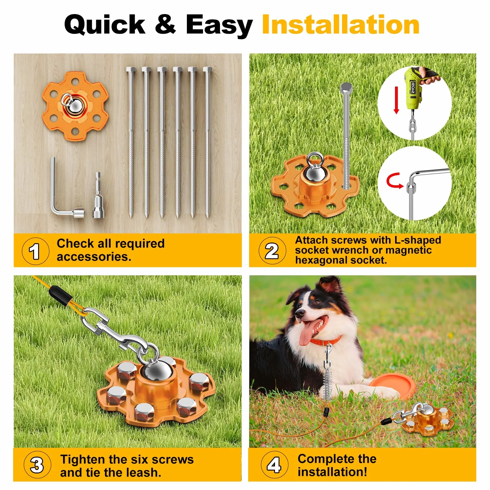Piquet d'Attache pour Chien 360° Pivotant Robuste 6 Ancrage Vis 180 lb Force Traction Orange