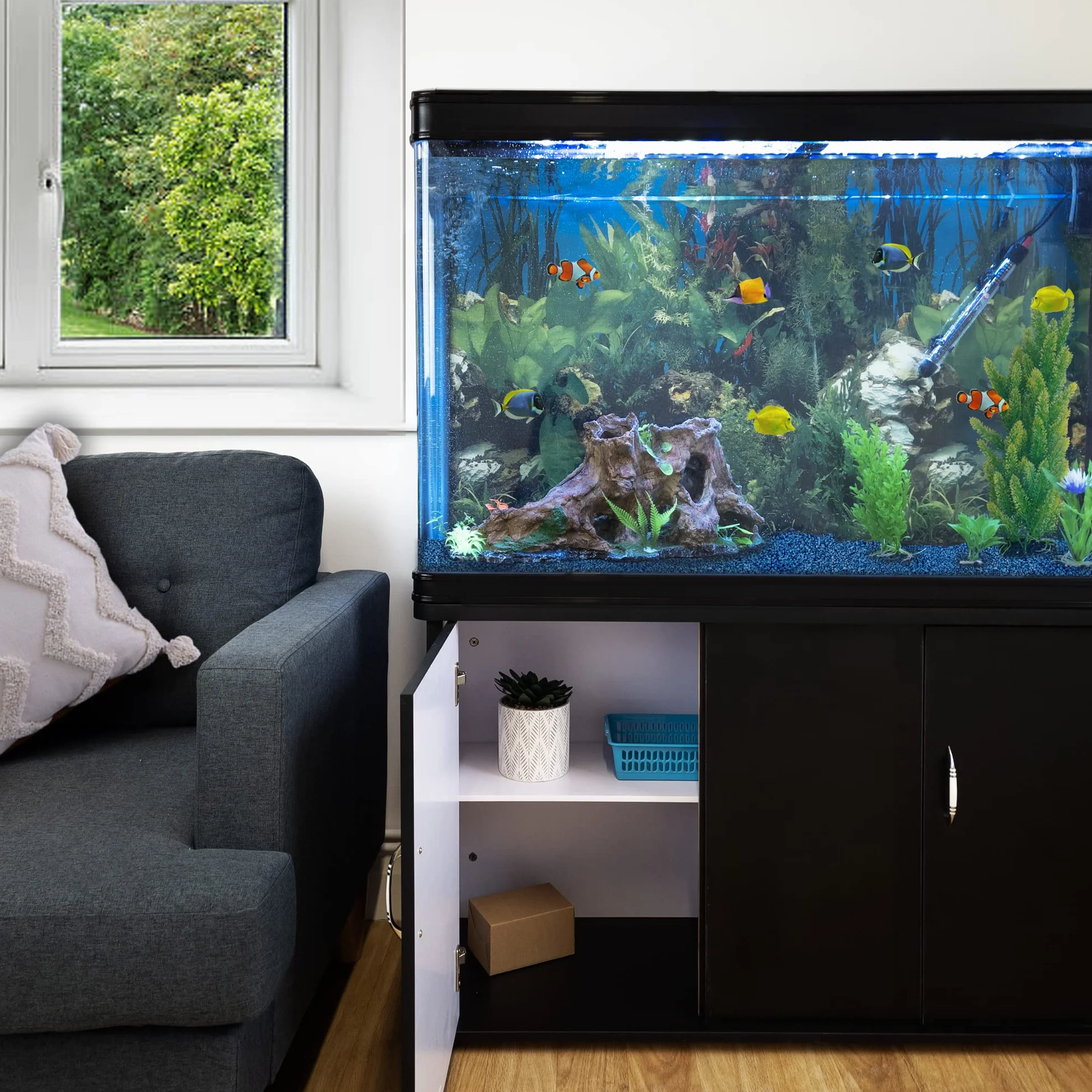 Aquarium Noir 300L Kit Démarrage Meuble 143,5x120,5x39cm Graviers Bleu