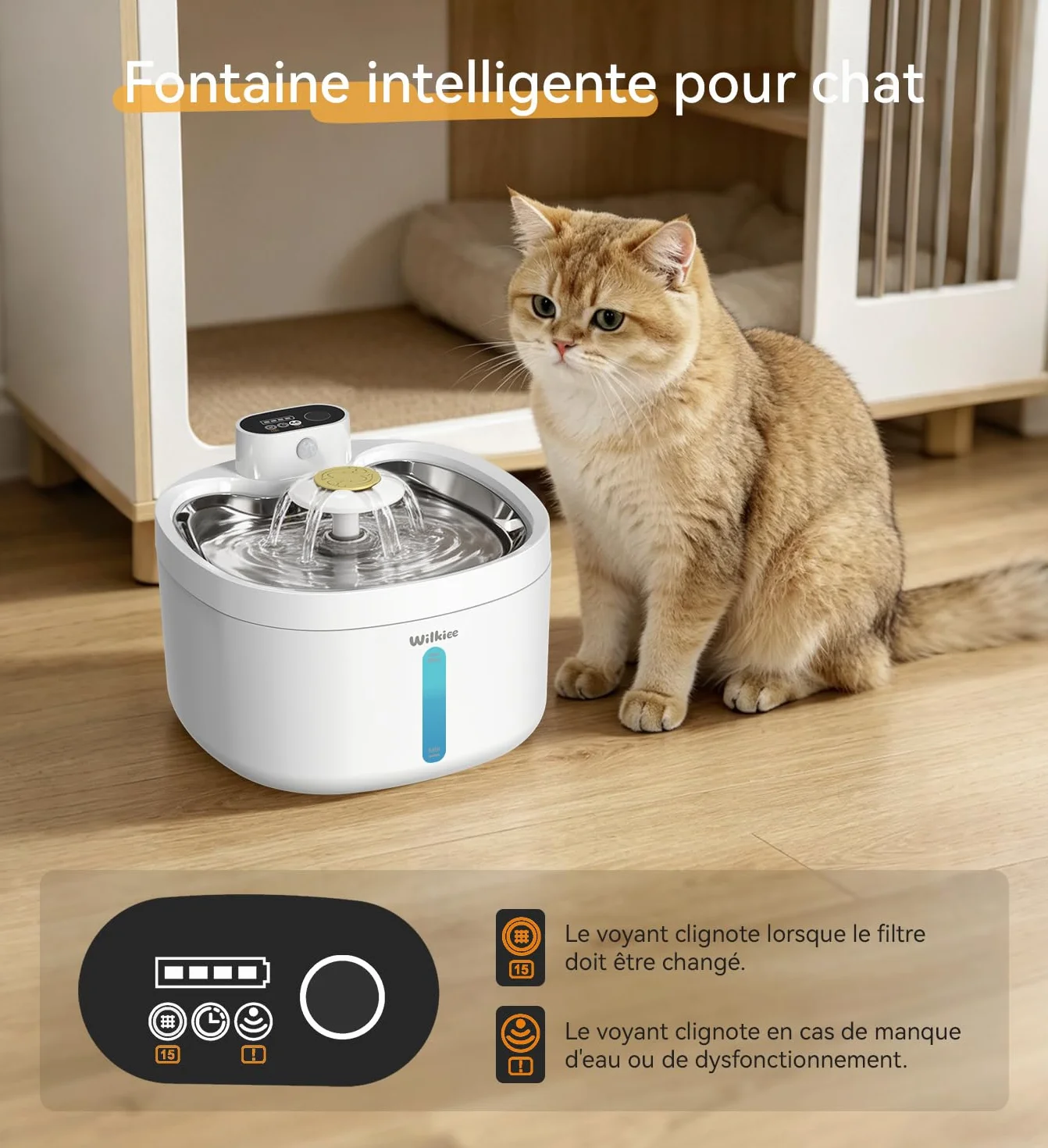 Fontaine à Eau pour Chat sans Fil 2,8L INOX Ultra-Silencieuse <20dB Batterie 4000mAh avec Capteur et Minuteur 3 Filtres