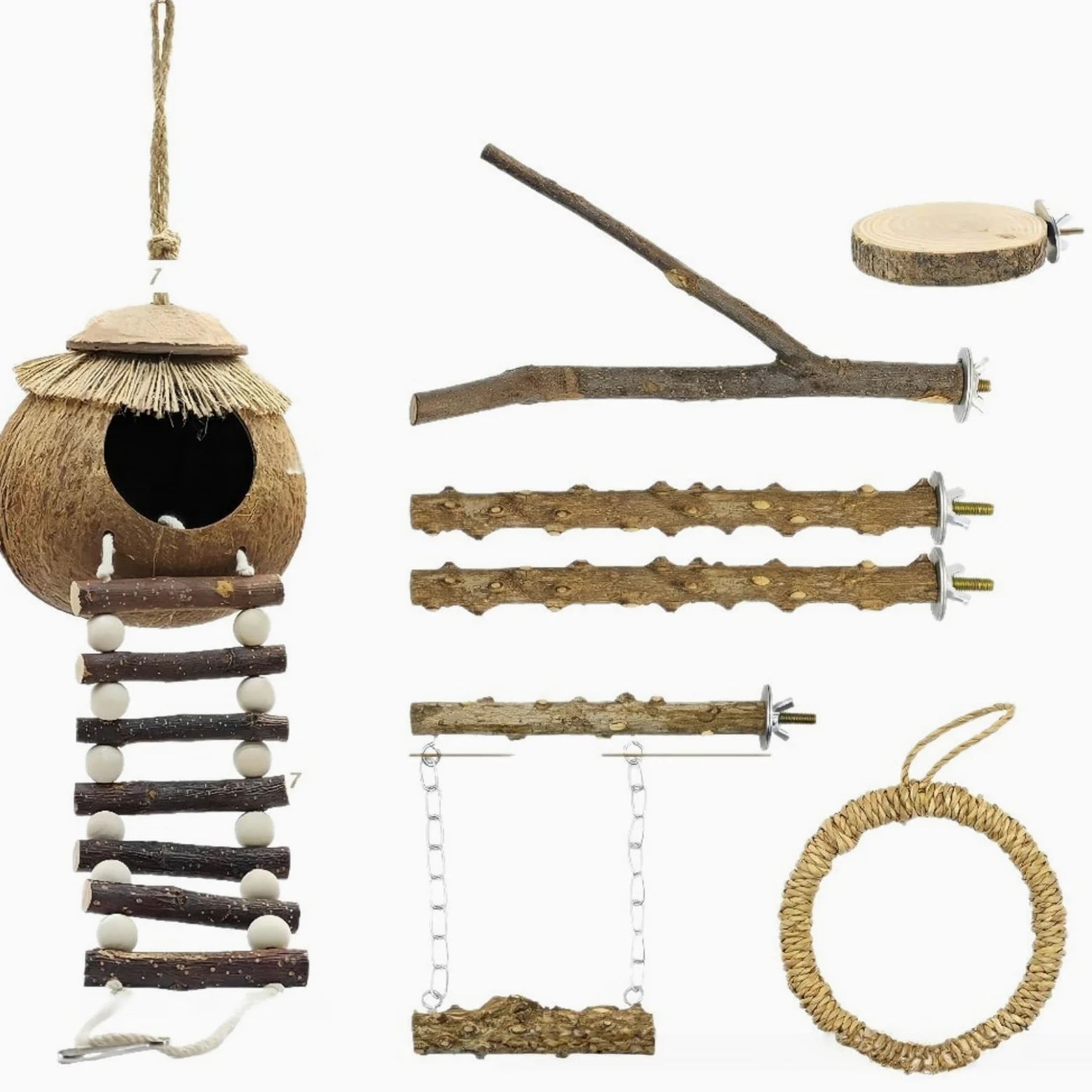 Kit d'Accessoires pour Oiseaux, Nid de Noix de Coco Naturelle avec Perchoirs en Bois de Sichuan, Balançoire et Plateforme, Adapté aux Perruches, Perroquets et Oiseaux de Petite Taille
